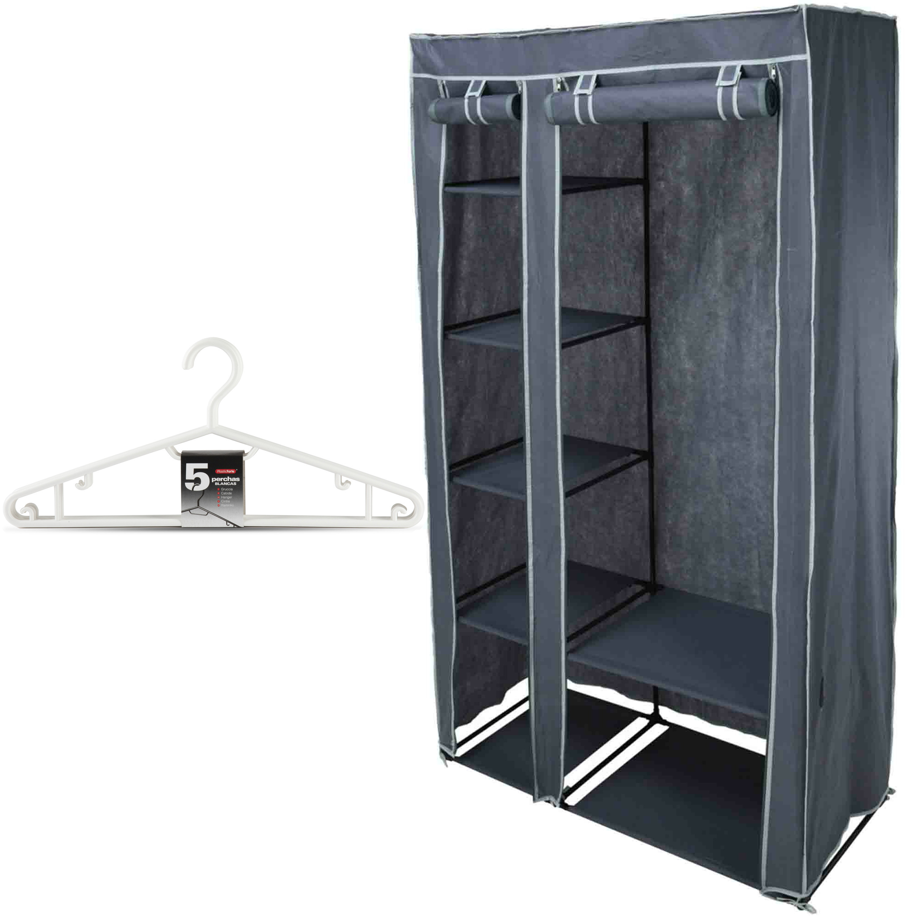 Mobiele kledingkast-garderobekast incl 10x hangers opvouwbaar grijs 174 cm