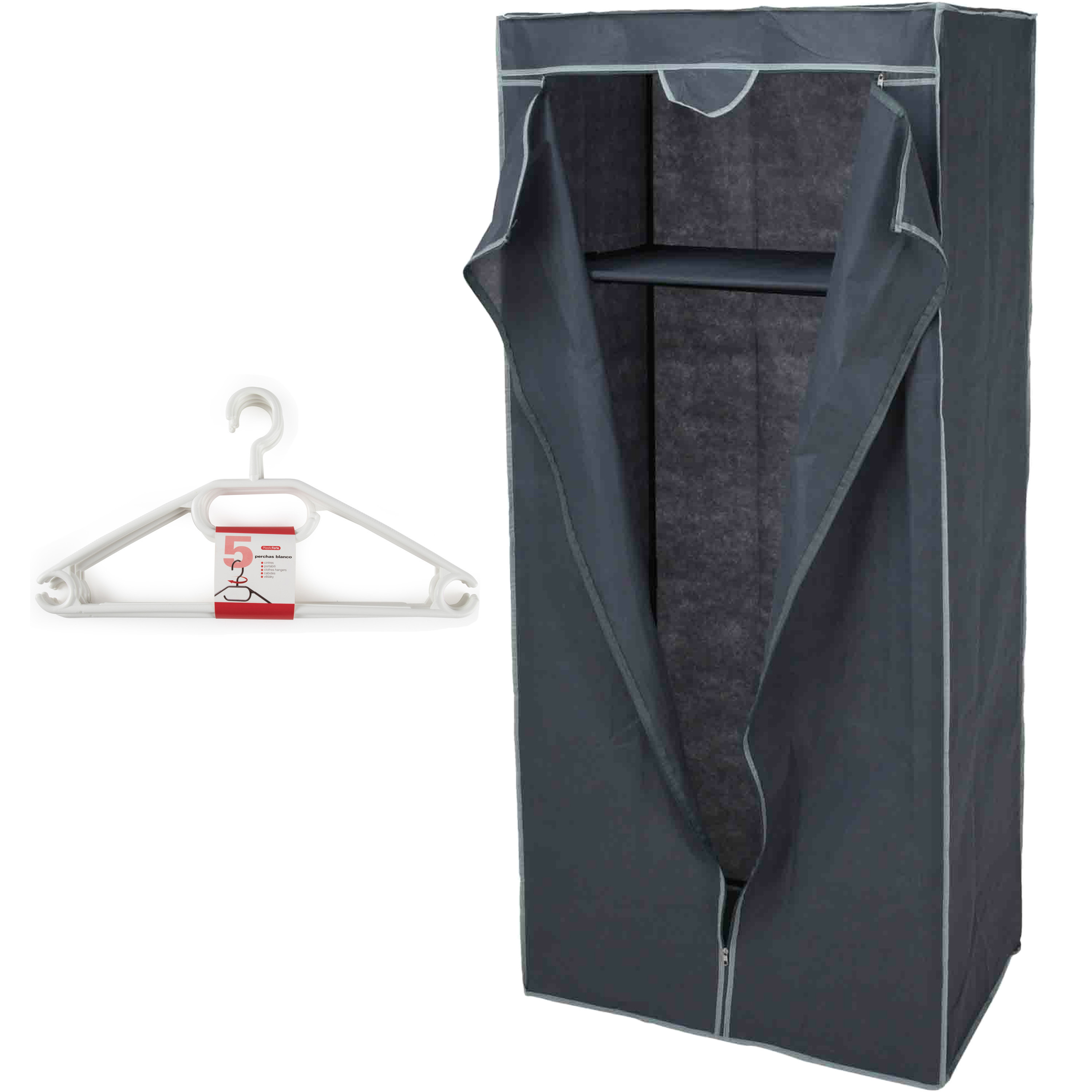 Mobiele opvouwbare kledingkast grijs 75 x 160 cm met 10x kledinghangers wit -