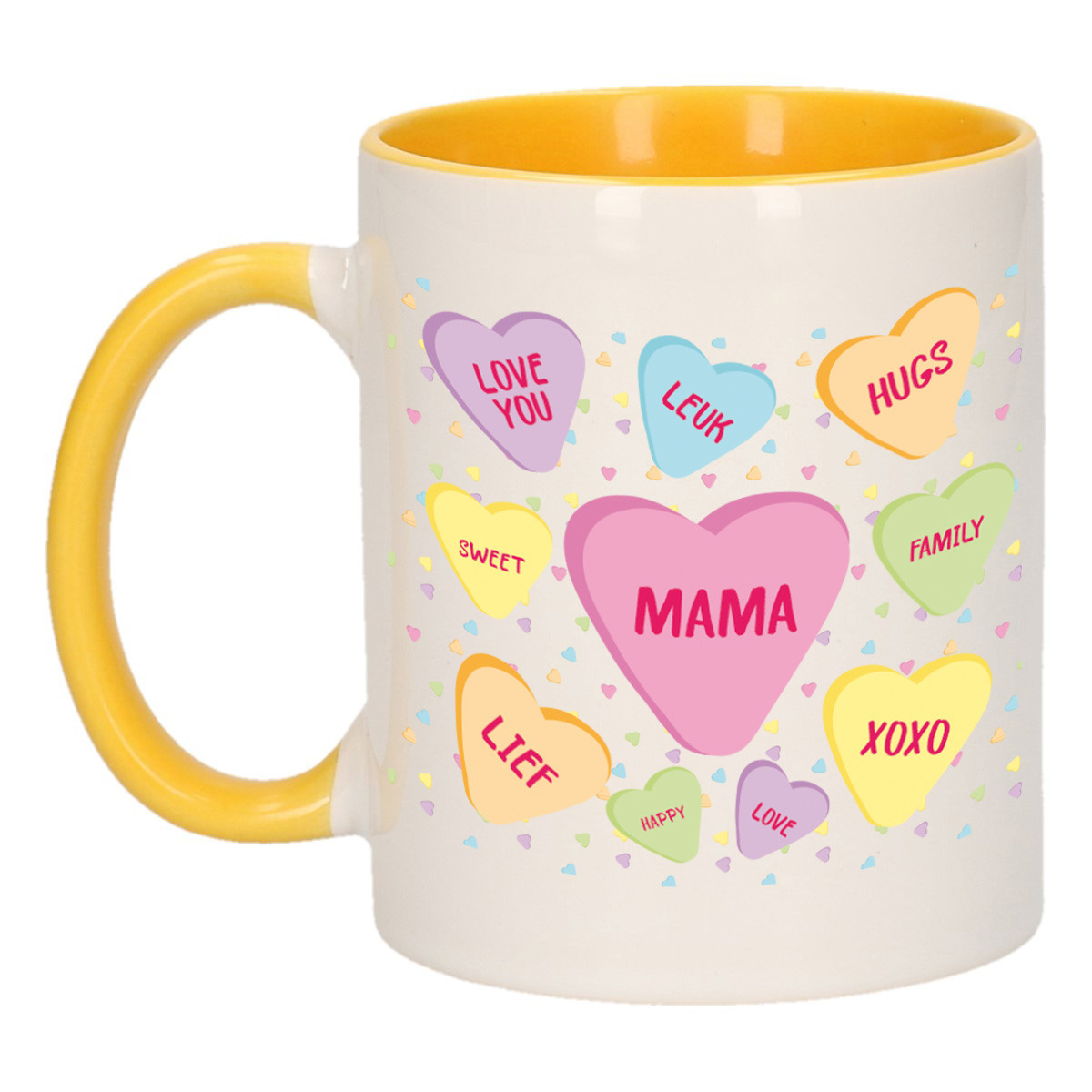Moederdag cadeau koffiemok hartjes snoepjes geel mok met tekst verjaardag mama-moeder