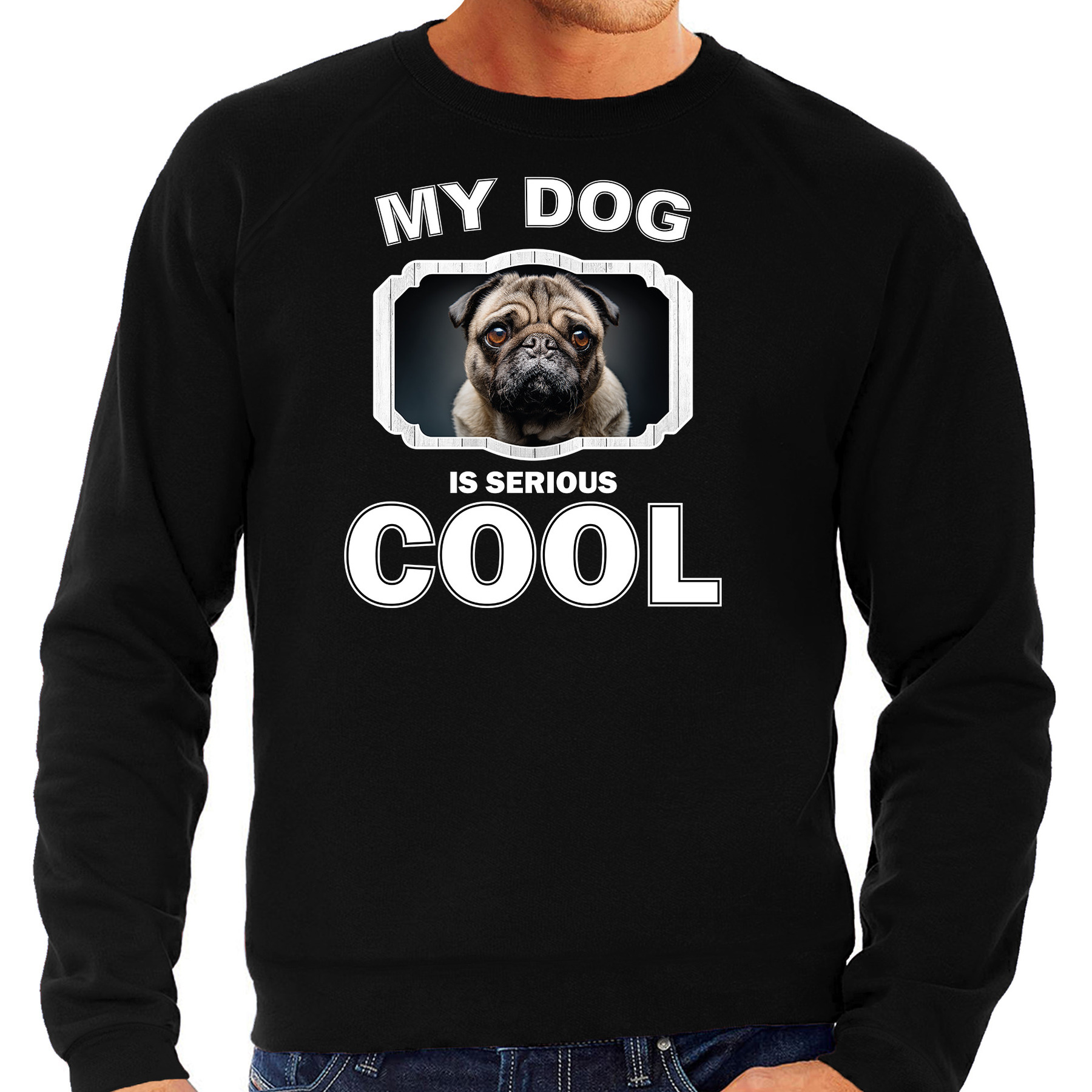 Mopshond honden sweater-trui my dog is serious cool zwart voor heren