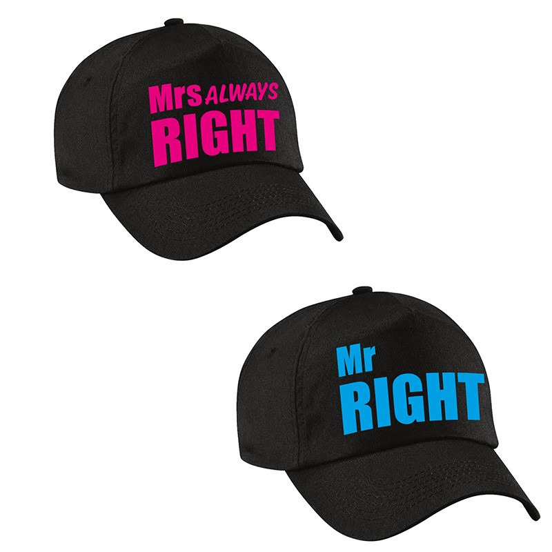 Mr Right en Mrs Always right caps blauw-roze tekst volwassenen