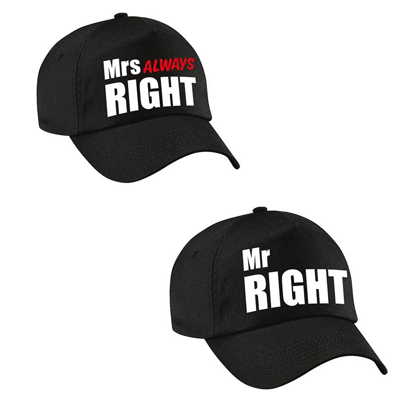 Mr Right en Mrs Always right petten-caps zwart volwassenen