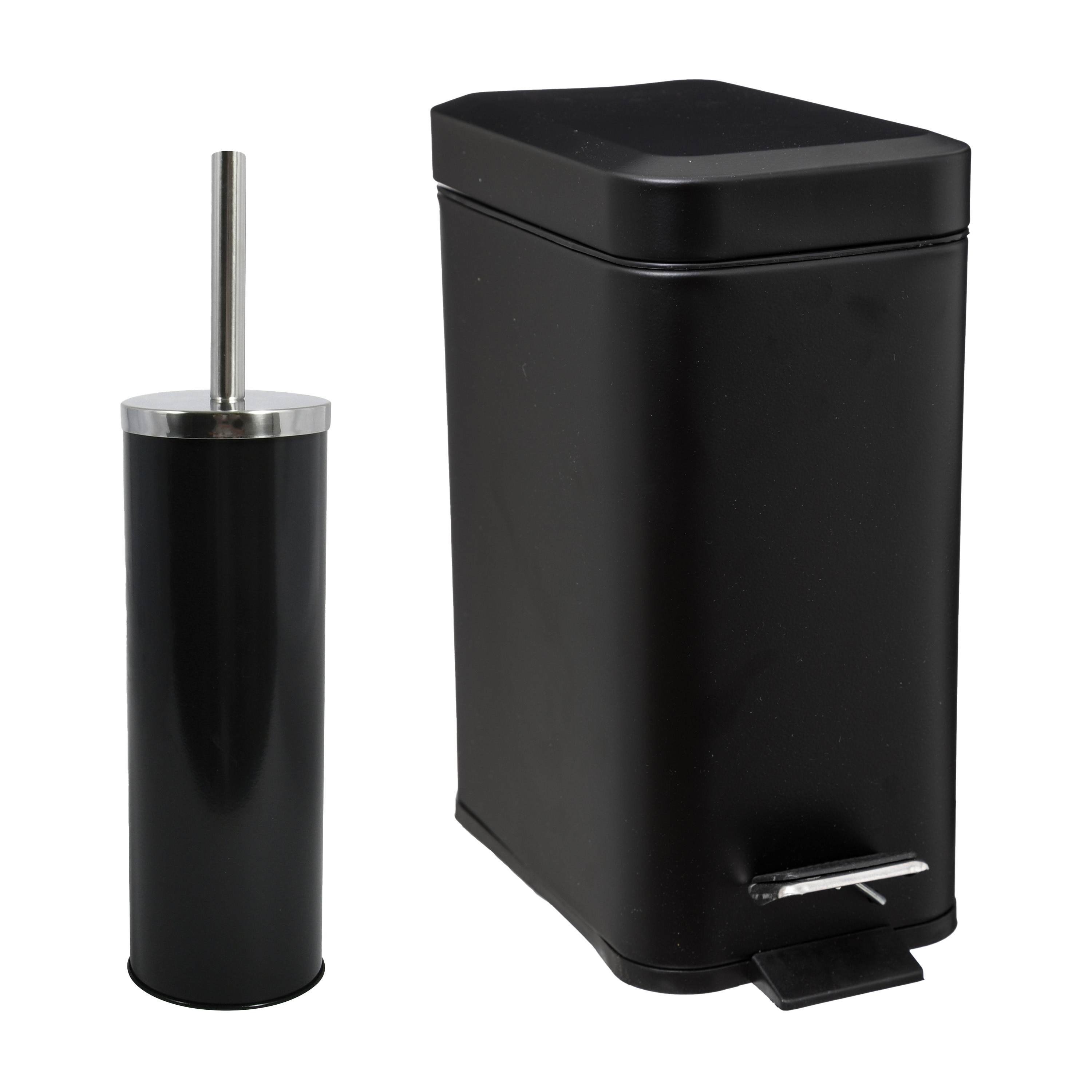 MSV Badkamer accessoires set zwart metaal pedaalemmer 5L en toiletborstel in houder