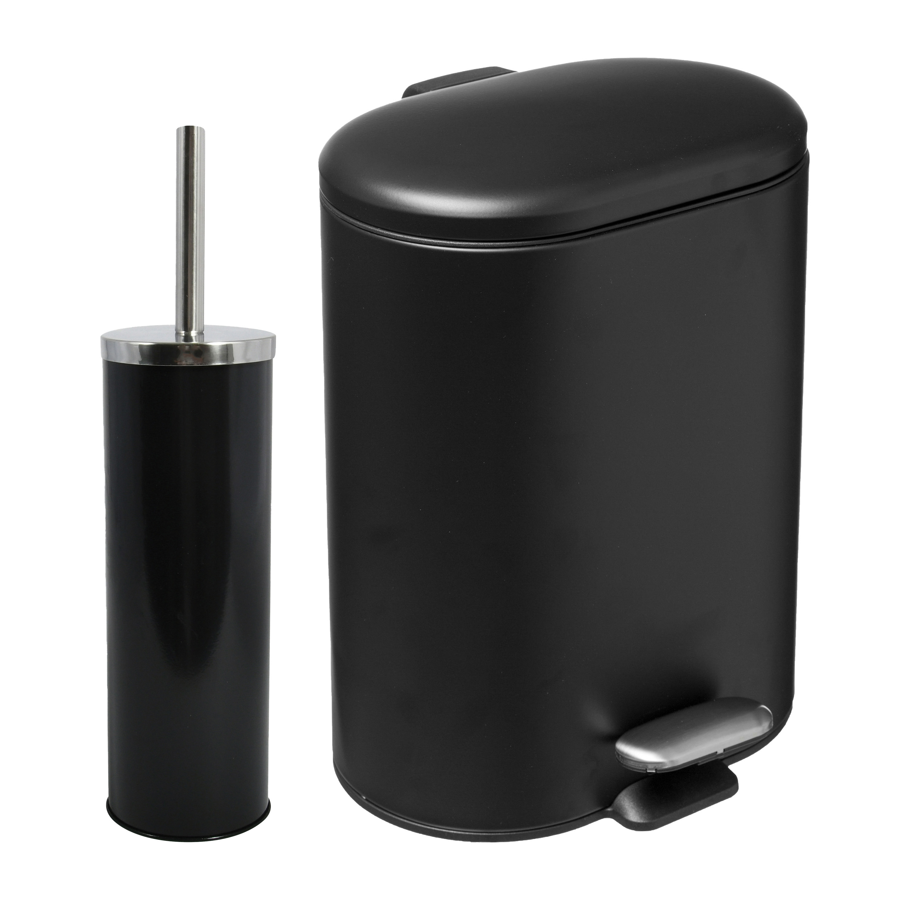MSV Badkamer accessoires set zwart metaal pedaalemmer 6L en toiletborstel in houder