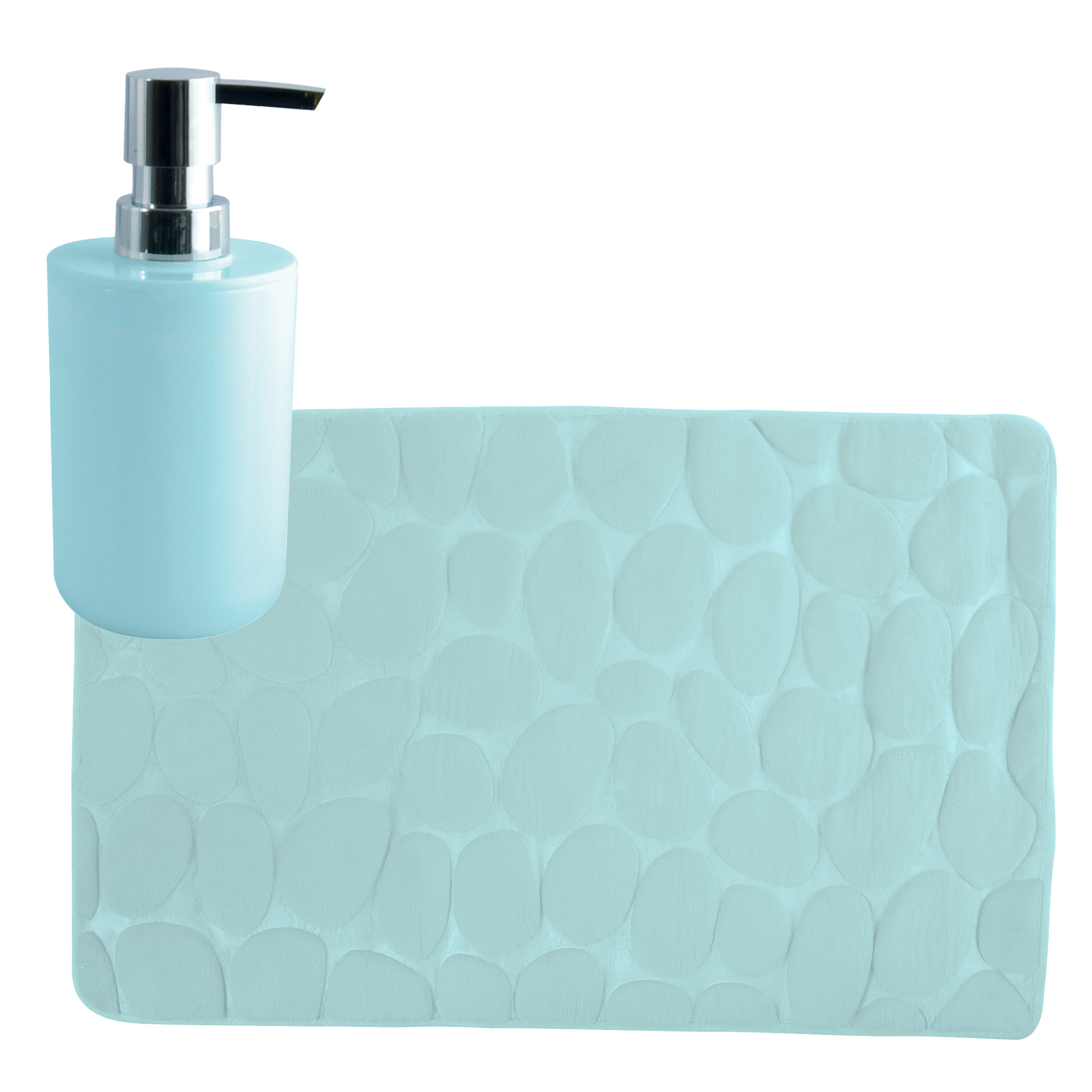 MSV badkamer droogloop mat-tapijt Kiezel 50 x 80 cm zelfde kleur zeeppompje mintgroen