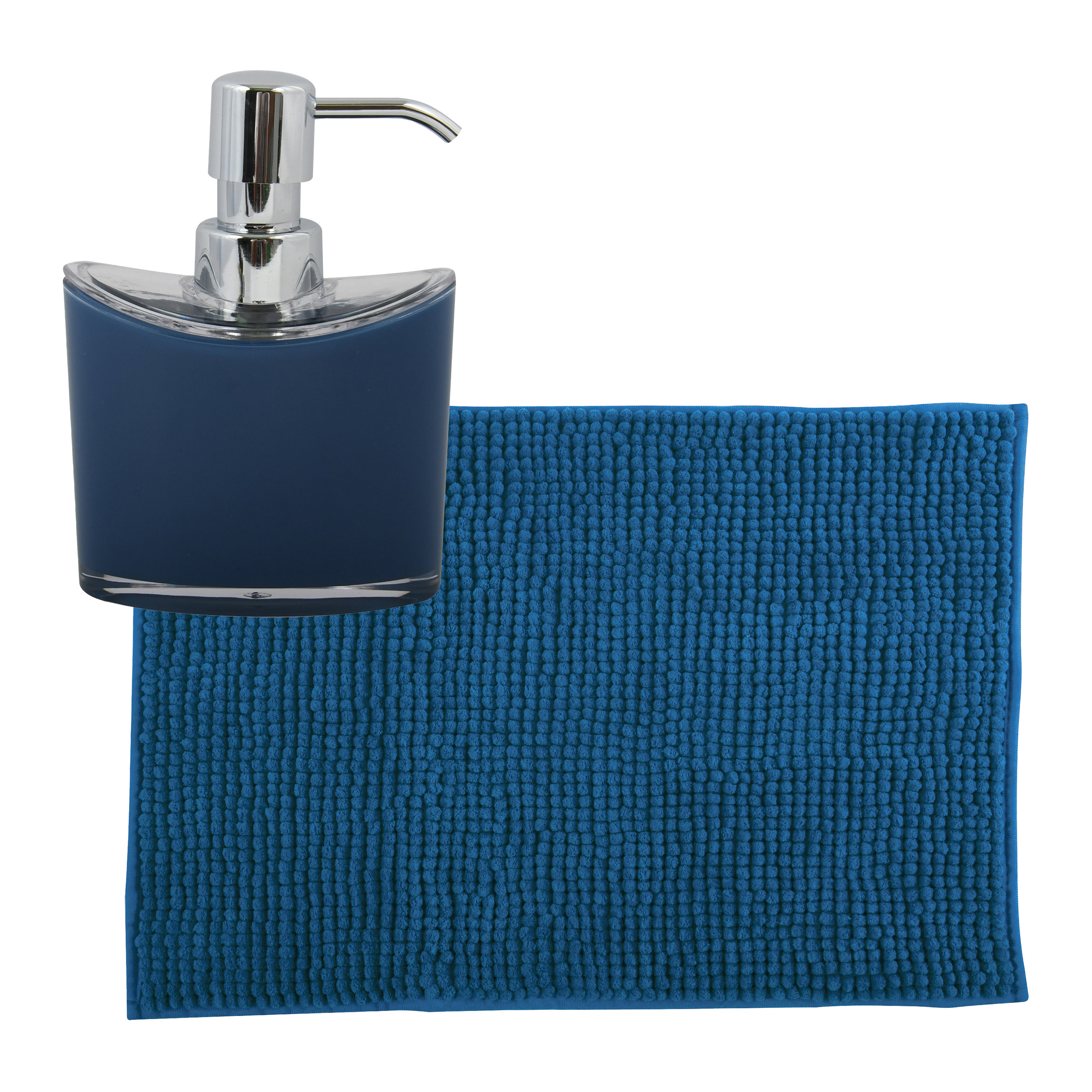 MSV badkamer droogloop mat-tapijtje 40 x 60 cm en zelfde kleur zeeppompje 260 ml blauw