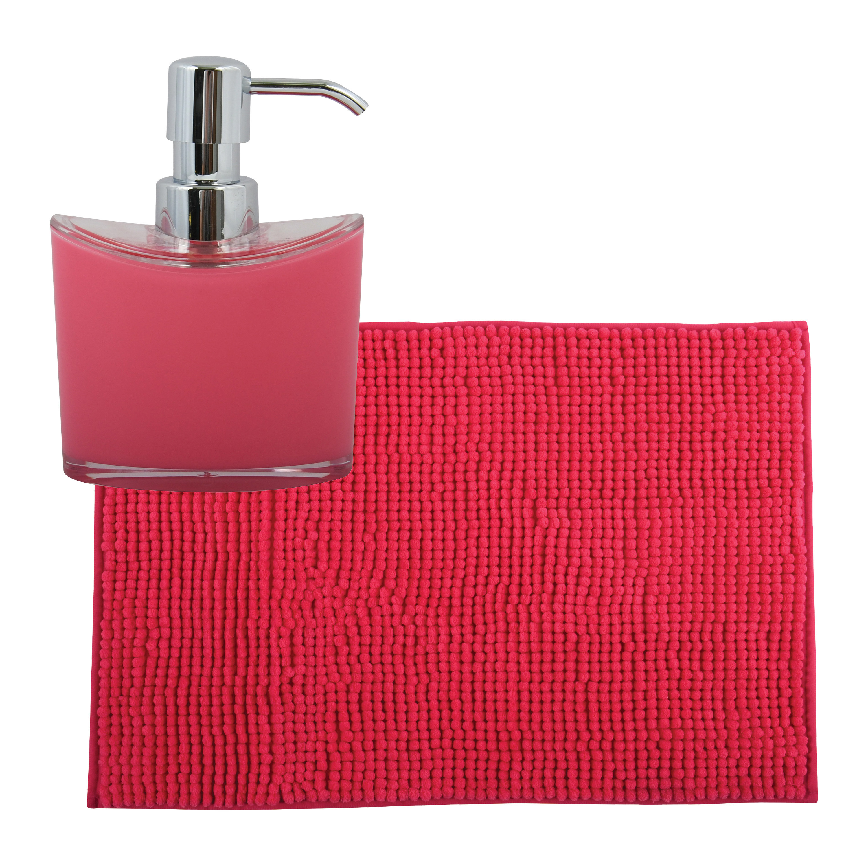 MSV badkamer droogloop mat-tapijtje 40 x 60 cm en zelfde kleur zeeppompje 260 ml fuchsia roze