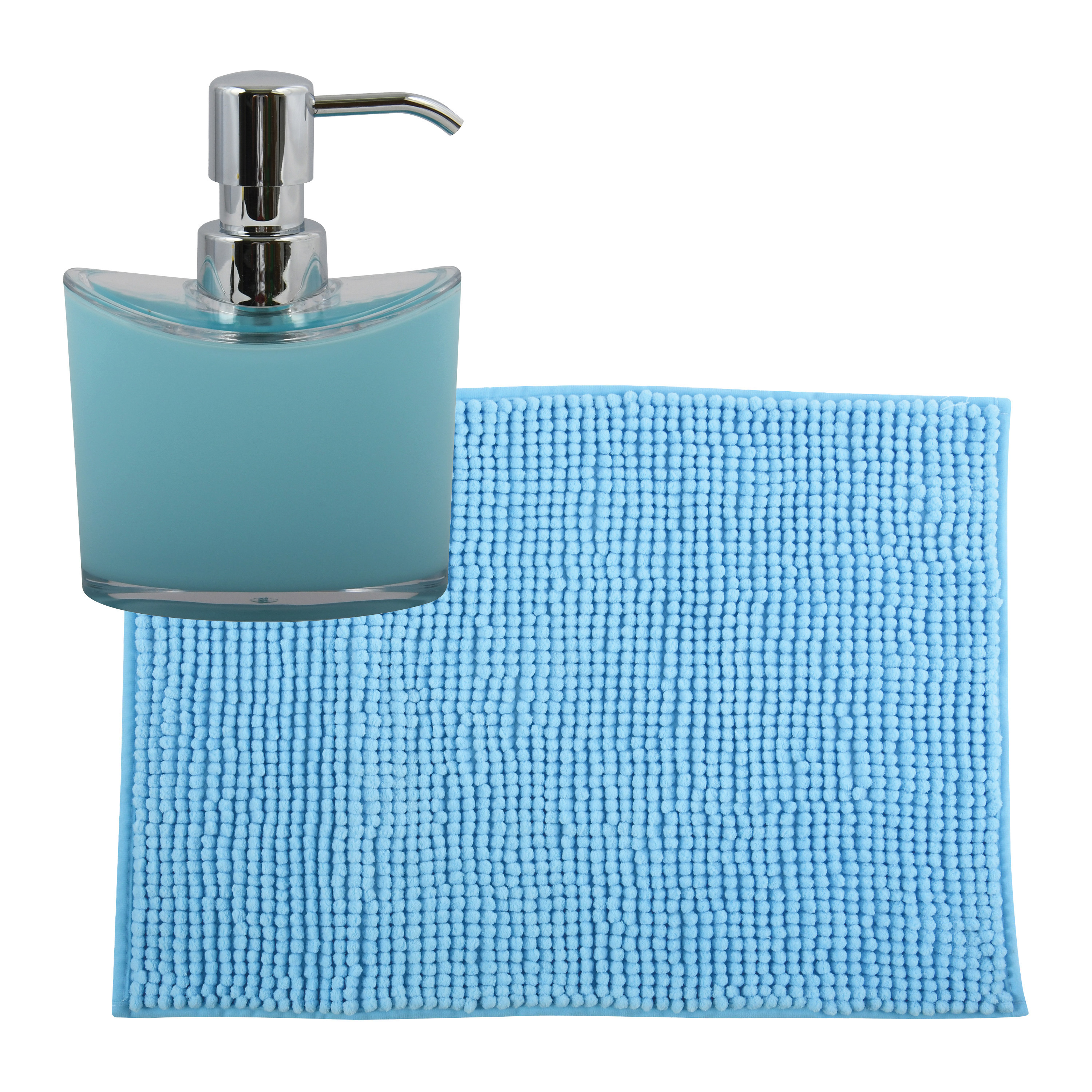 MSV badkamer droogloop mat-tapijtje 40 x 60 cm en zelfde kleur zeeppompje 260 ml lichtblauw