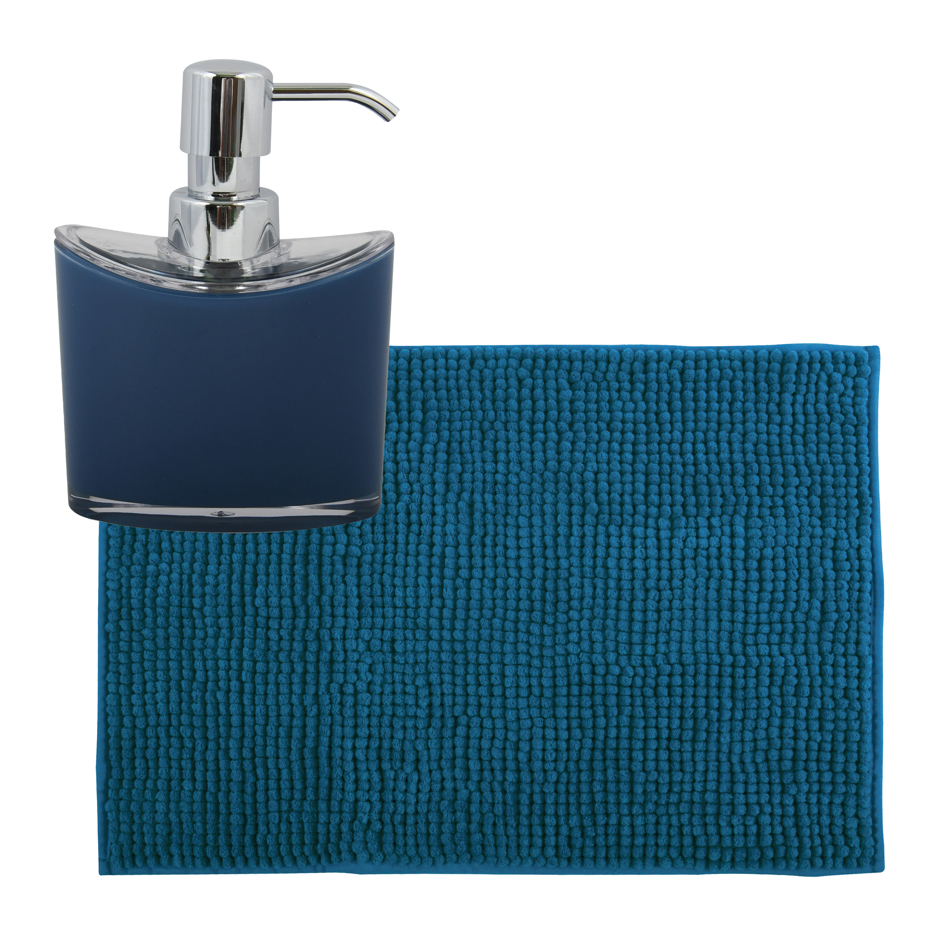 MSV badkamer droogloop mat-tapijtje 50 x 80 cm en zelfde kleur zeeppompje 260 ml donkerblauw