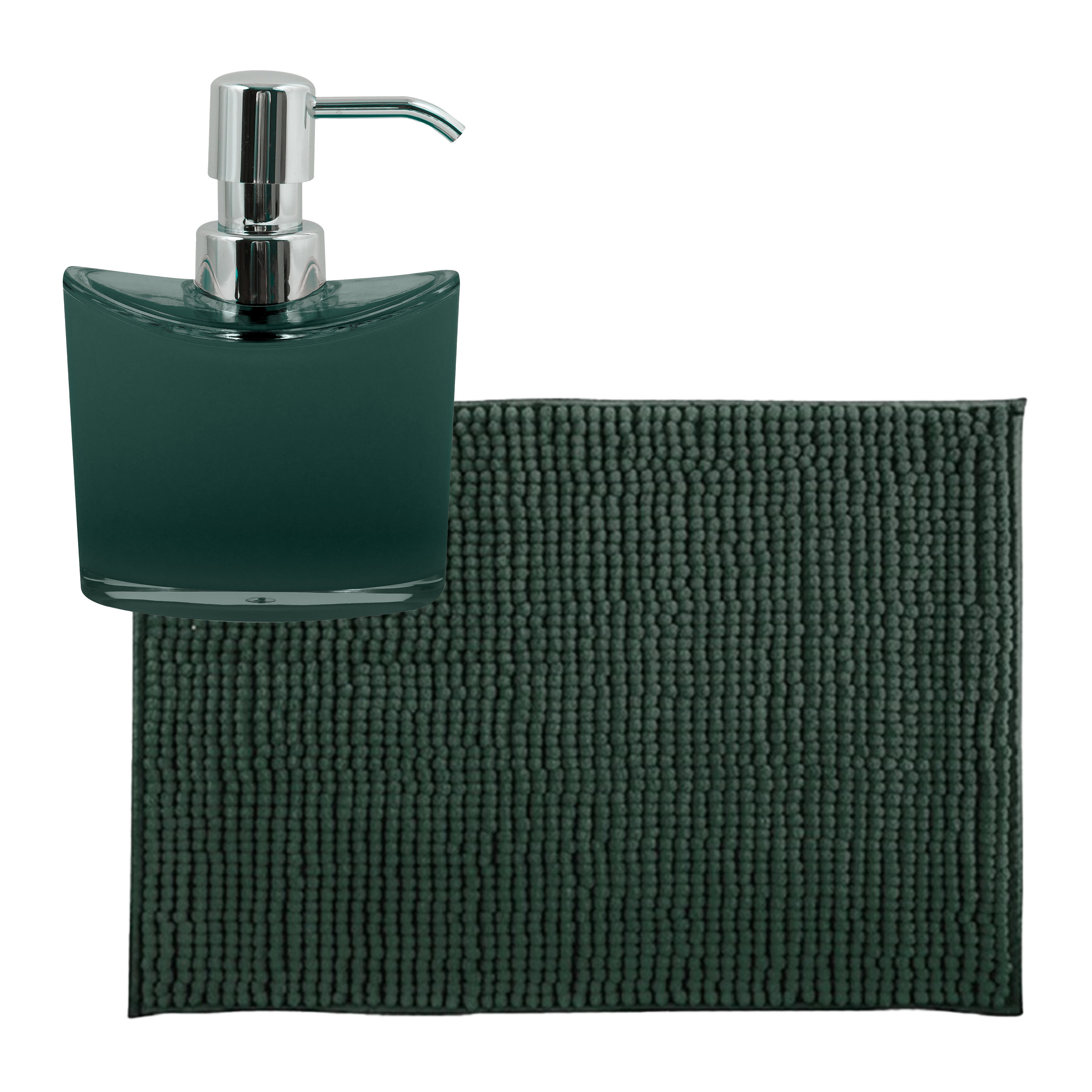 MSV badkamer droogloop mat-tapijtje 50 x 80 cm en zelfde kleur zeeppompje 260 ml donkergroen