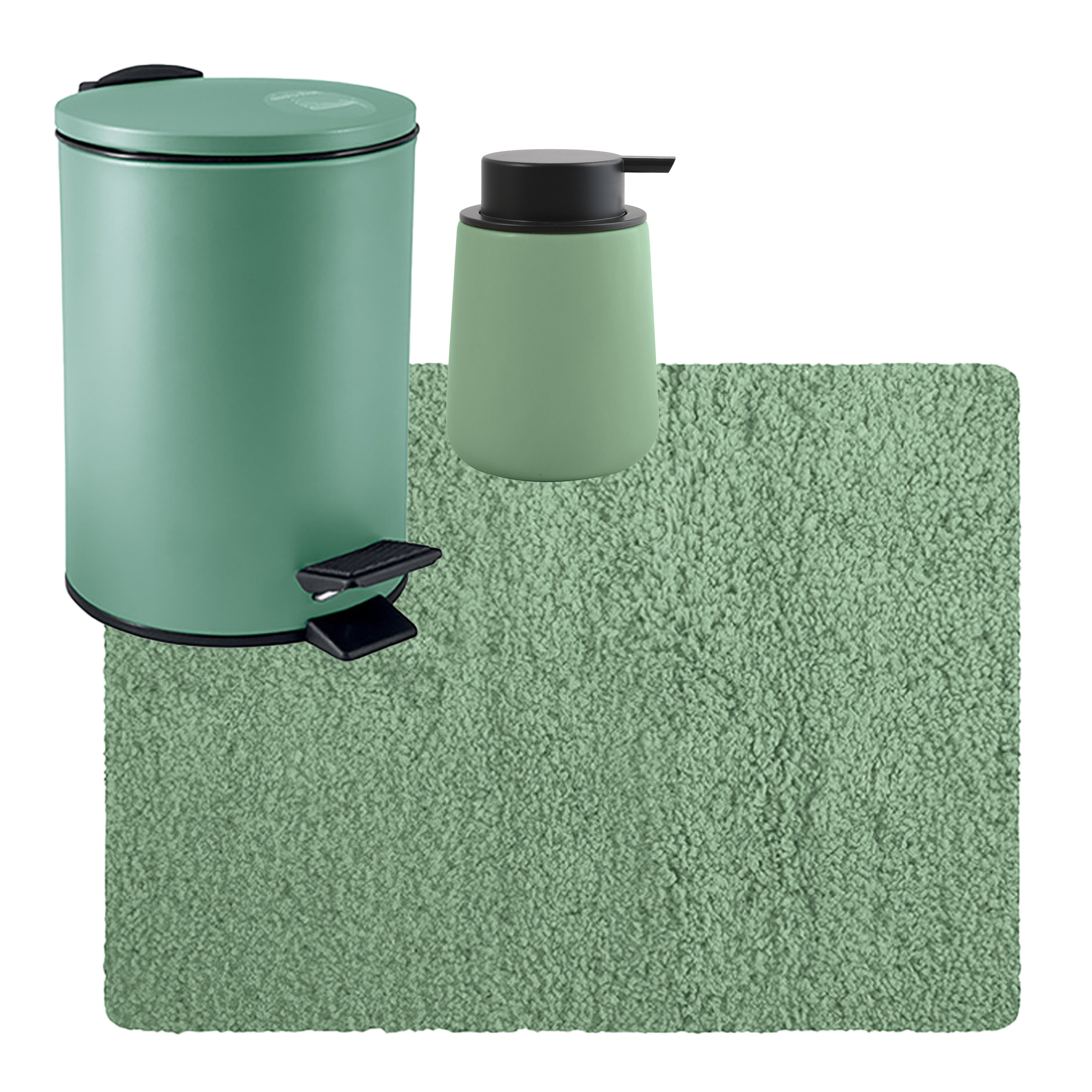 MSV badkamer droogloop tapijt langharig 50x70 cm pedaalemmer 3L zeeppompje 300 ml groen