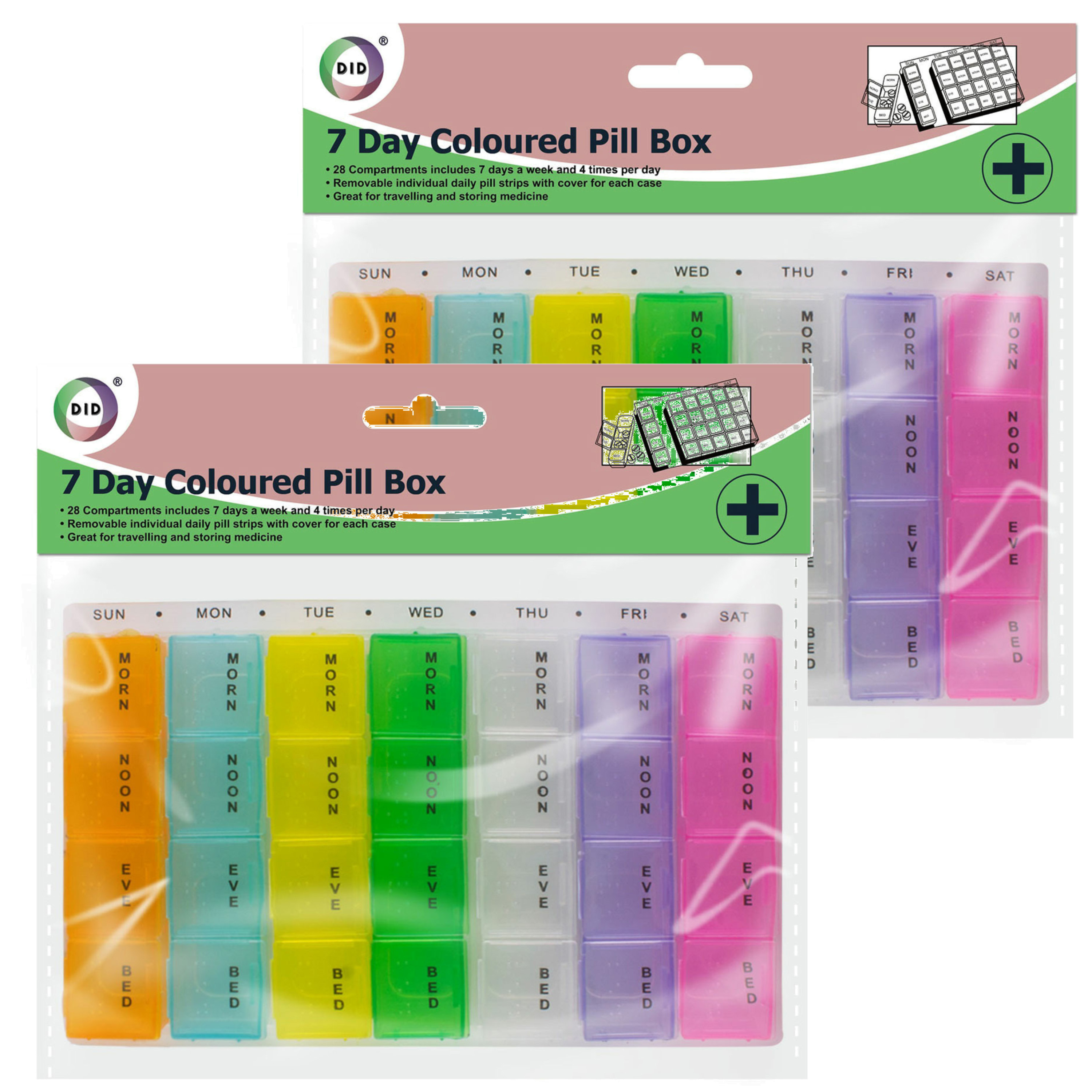 Multipak van 2x stuks gekleurde medicijnen doos-pillendoosjes 28-vaks wit 17 cm