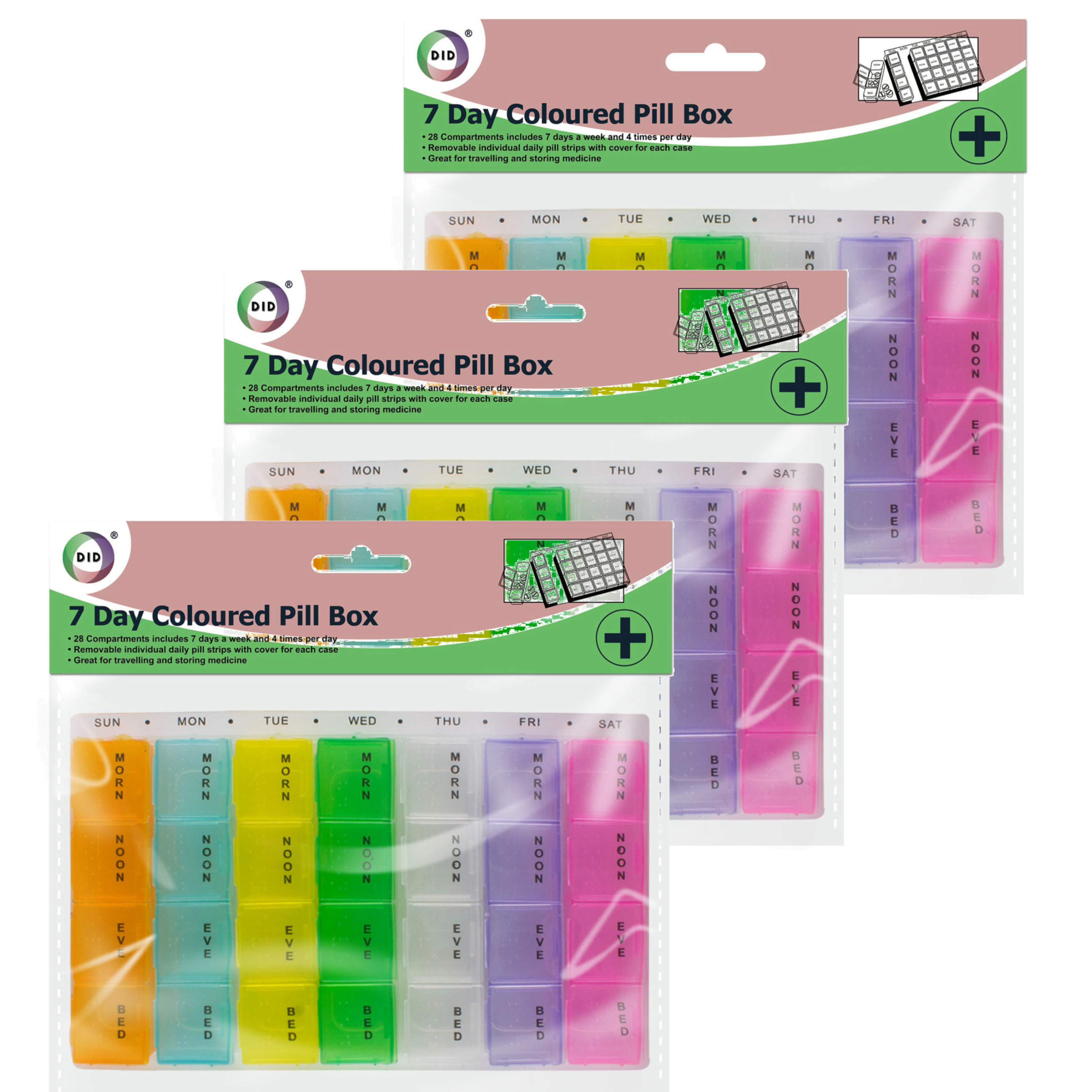 Multipak van 5x stuks gekleurde medicijnen doos-pillendoosjes 28-vaks wit 17 cm