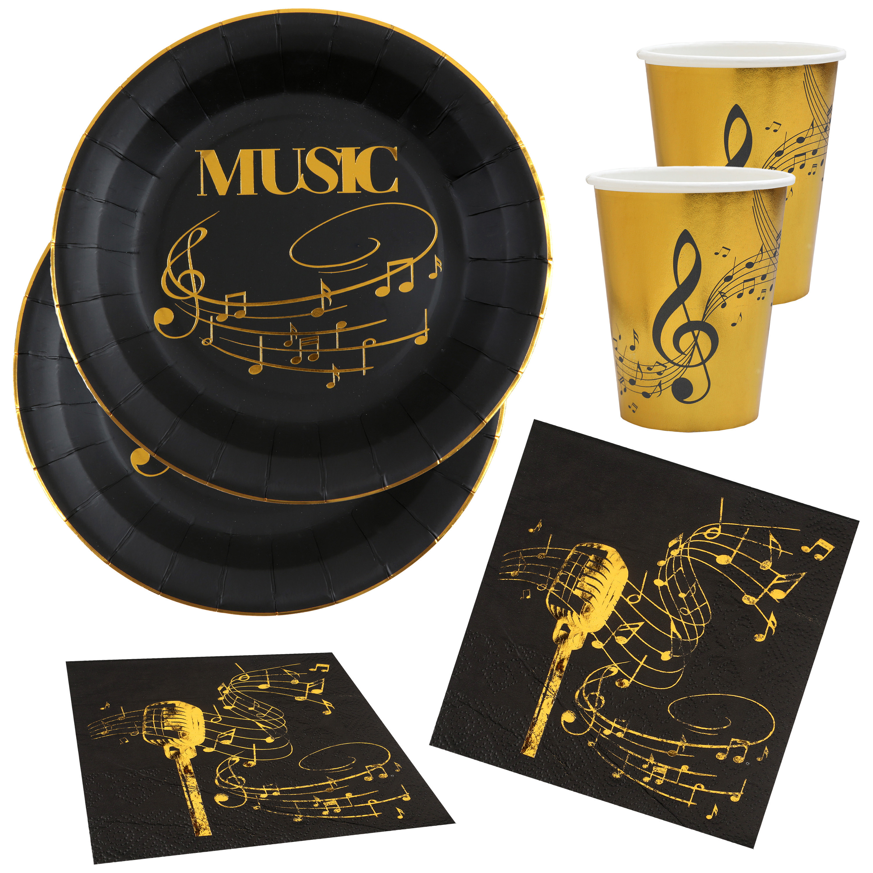 Muziek thema feest wegwerp servies set 10x bordjes-10x bekers-20x servetten goud-zwart