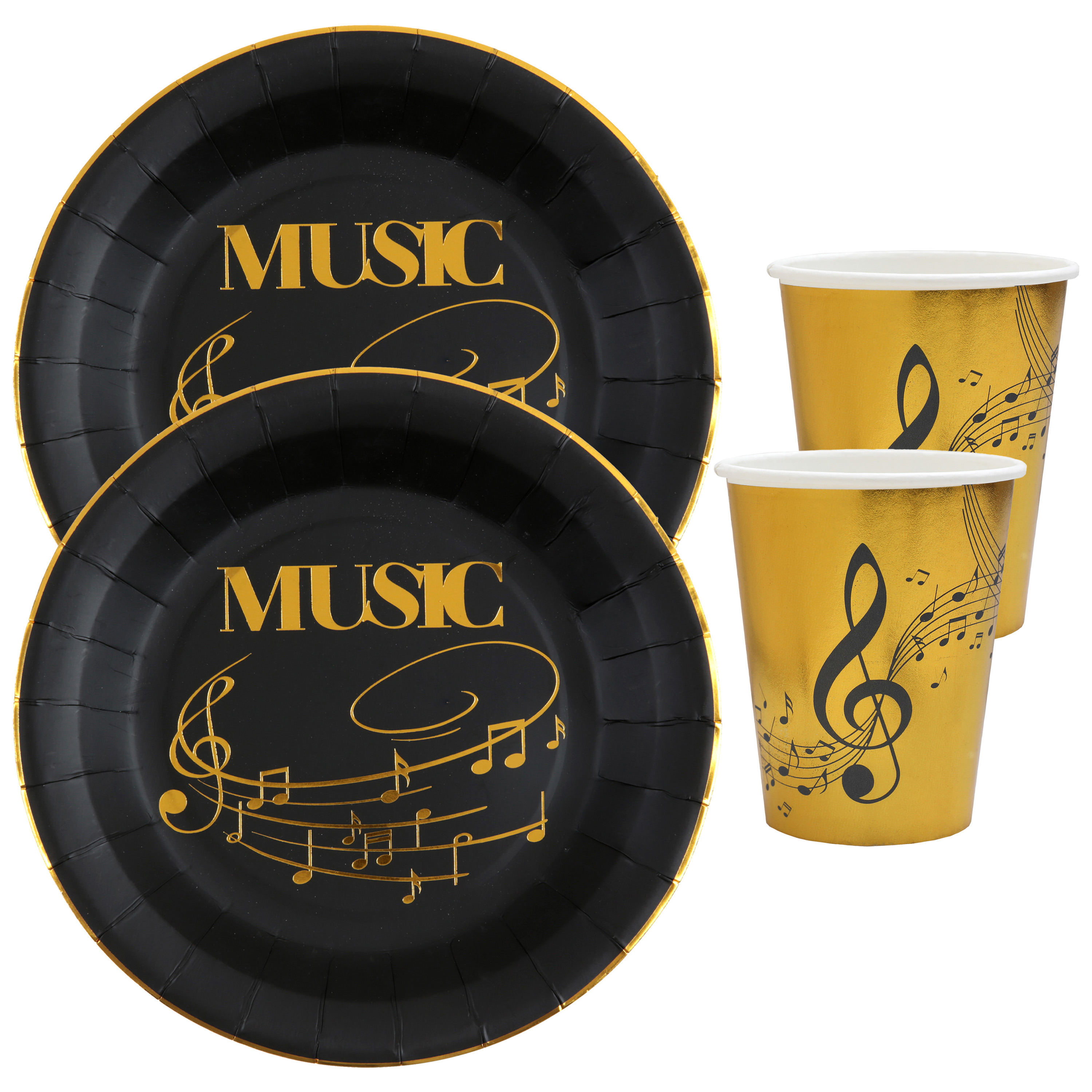 Muziek thema feest wegwerp servies set 10x bordjes-10x bekers goud-zwart