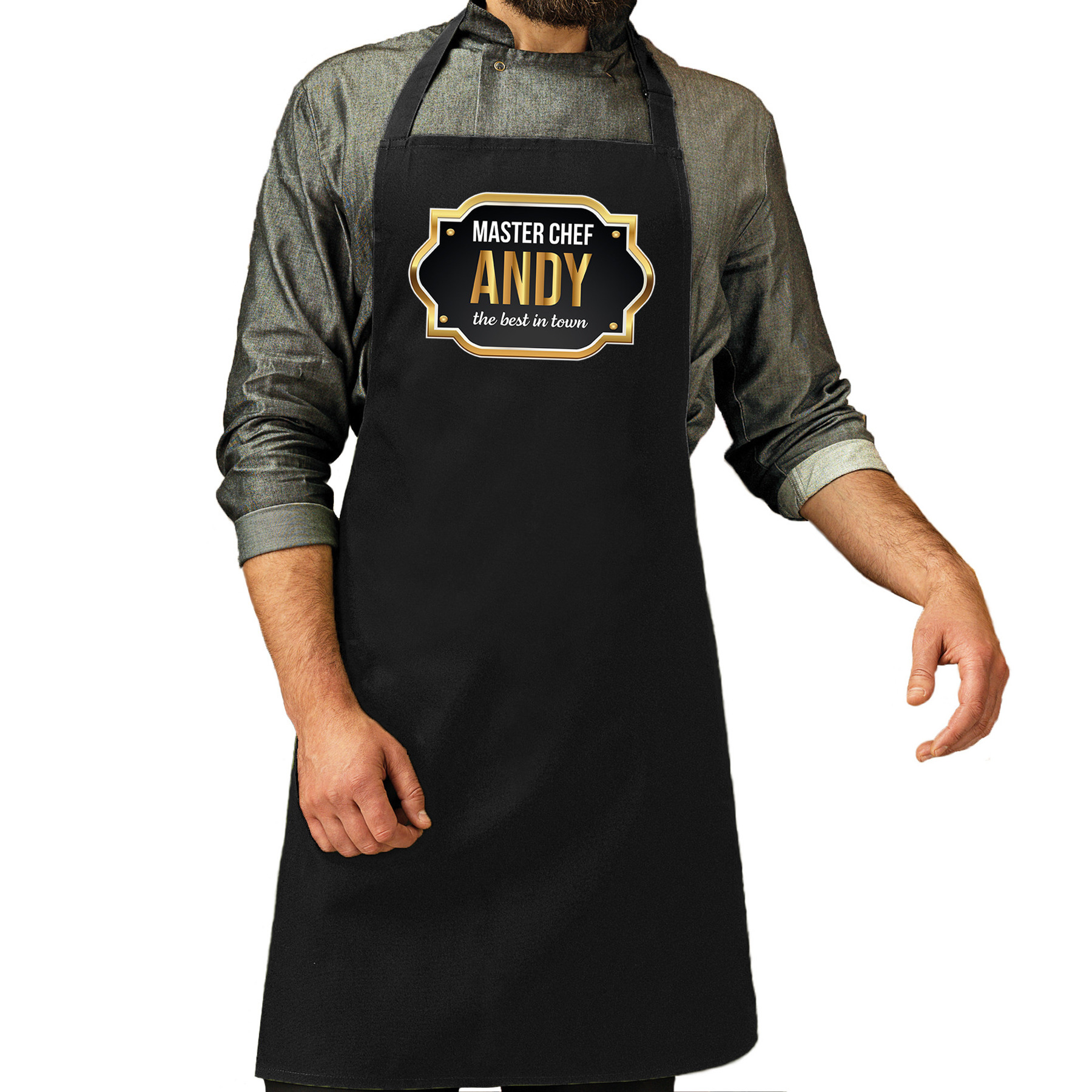 Naam cadeau master chef schort Andy zwart keukenschort cadeau