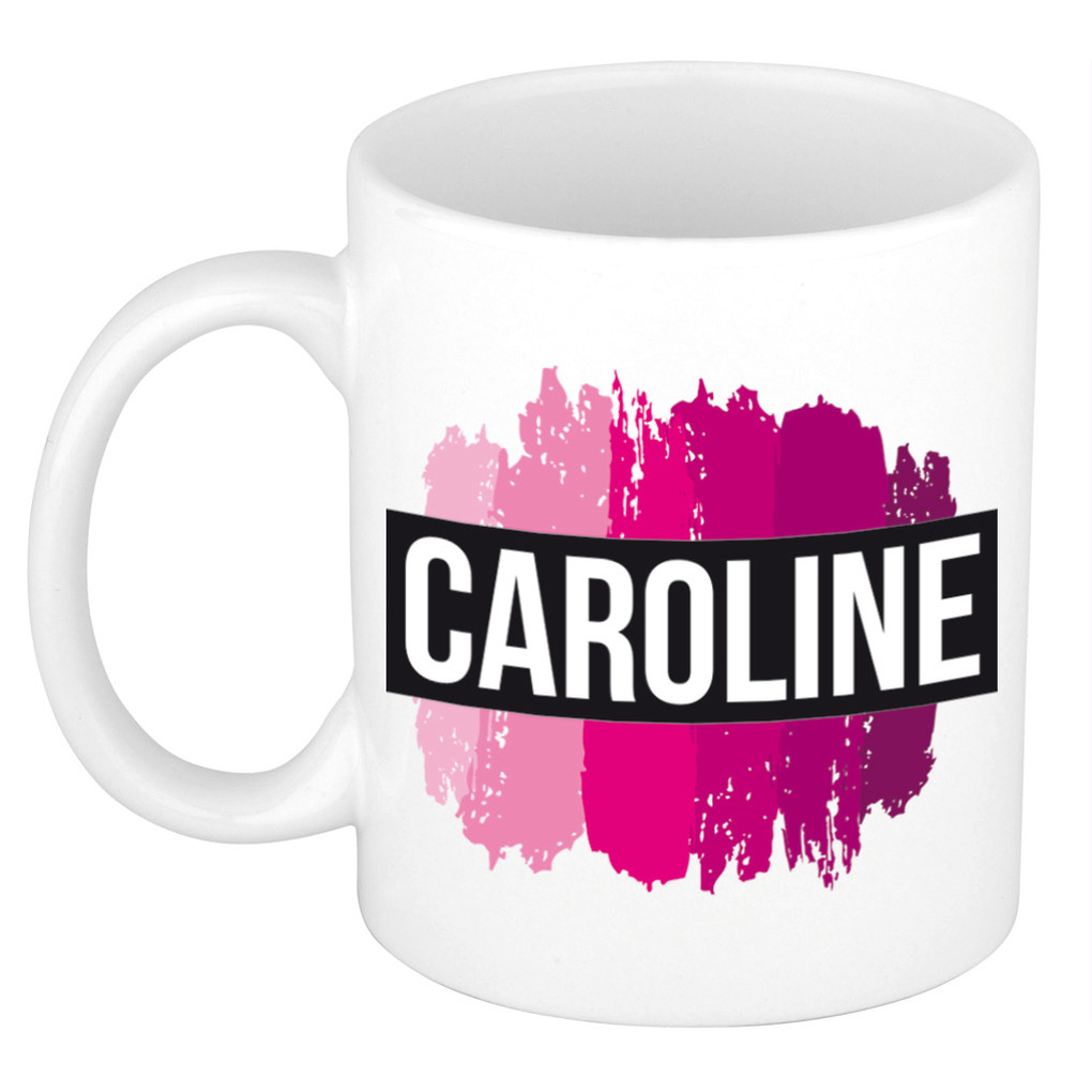 Afbeelding van Naam cadeau mok / beker Caroline met roze verfstrepen 300 ml