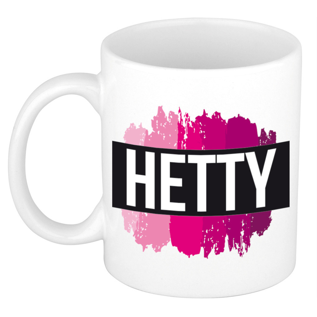 Naam cadeau mok-beker Hetty met roze verfstrepen 300 ml