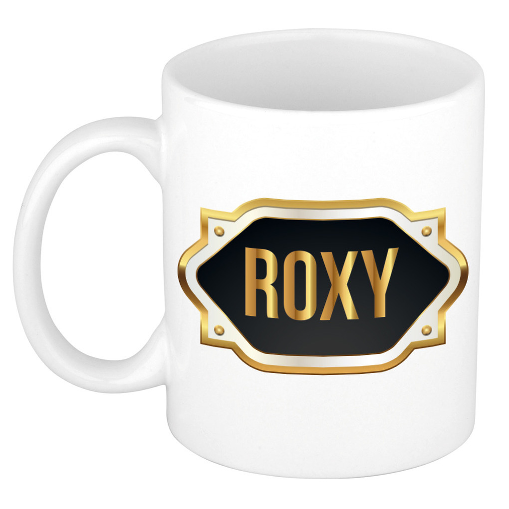 Naam cadeau mok-beker Roxy met gouden embleem 300 ml