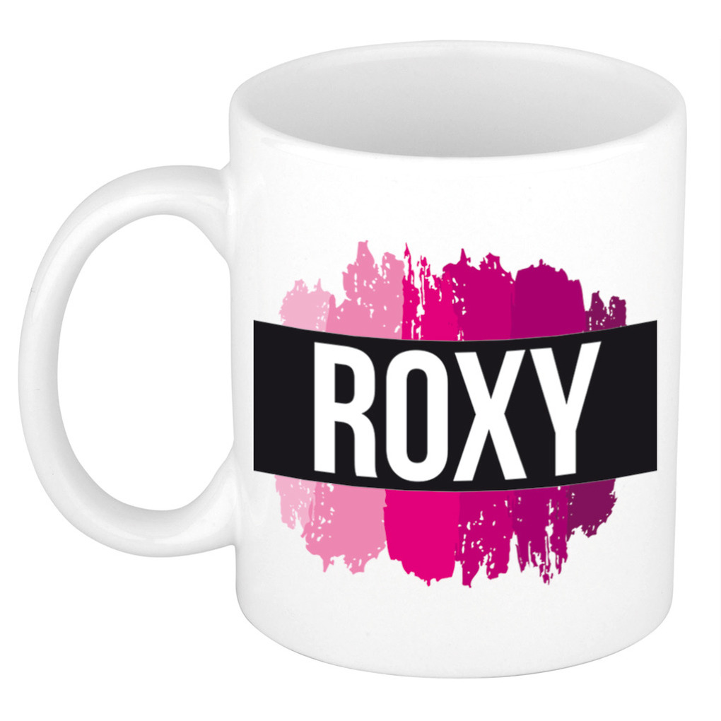 Naam cadeau mok-beker Roxy met roze verfstrepen 300 ml