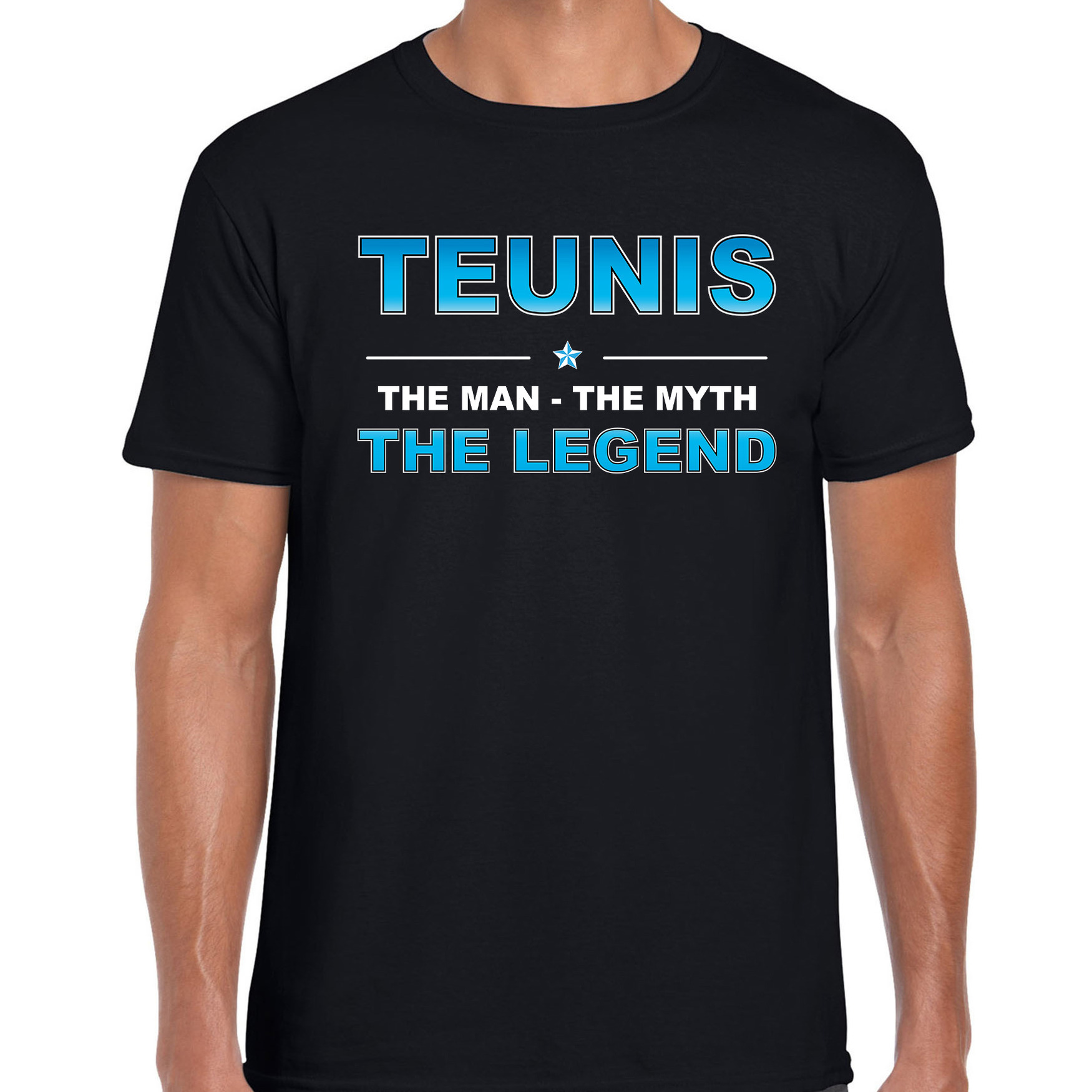 Naam cadeau t-shirt Teunis - the legend zwart voor heren