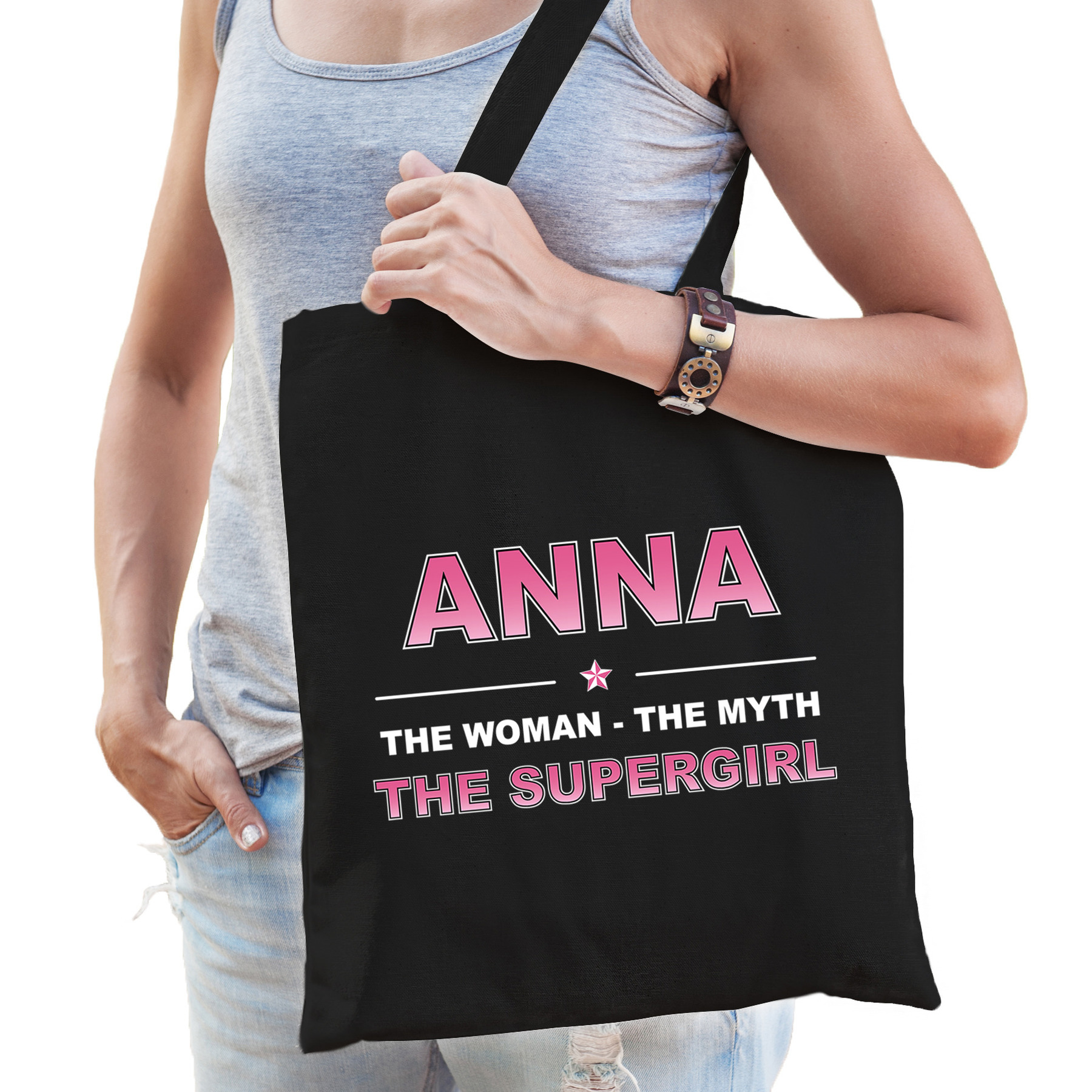 Naam cadeau tas Anna the supergirl zwart voor dames