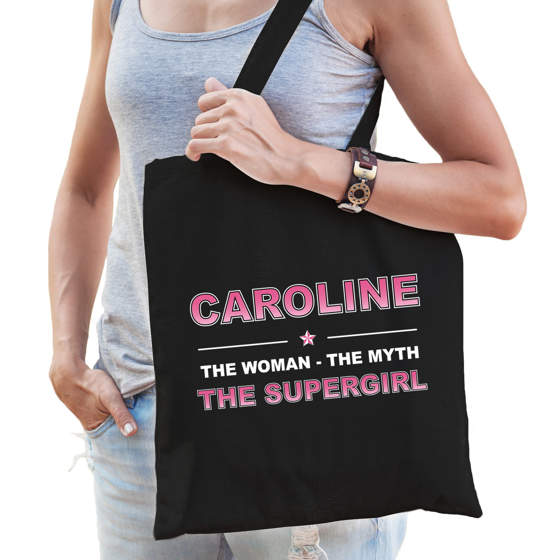 Afbeelding van Naam cadeau tas Caroline - the supergirl zwart voor dames