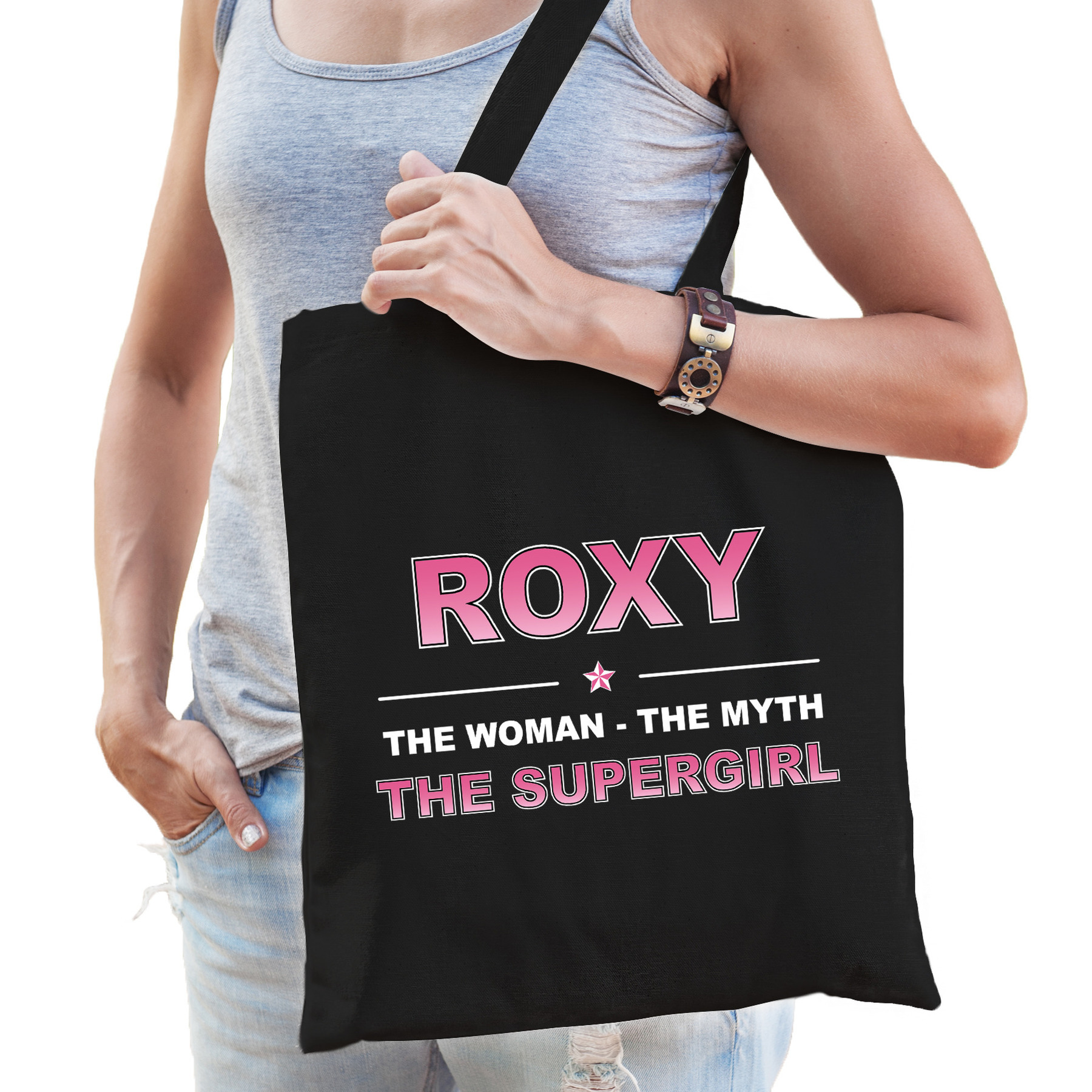 Naam cadeau tas Roxy the supergirl zwart voor dames