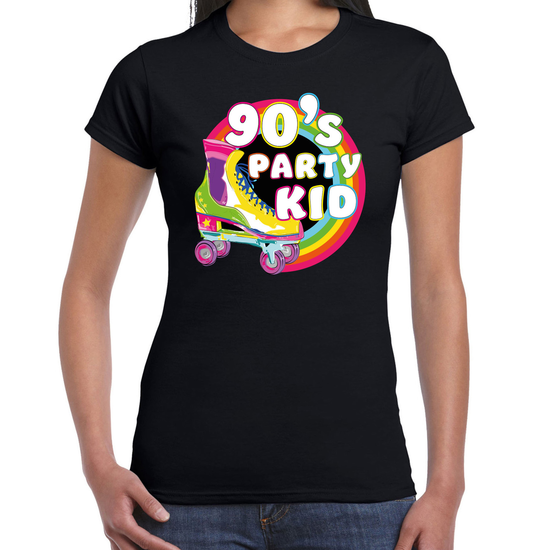 Nineties party verkleed t-shirt dames jaren 90 feest outfit 90s party kid zwart