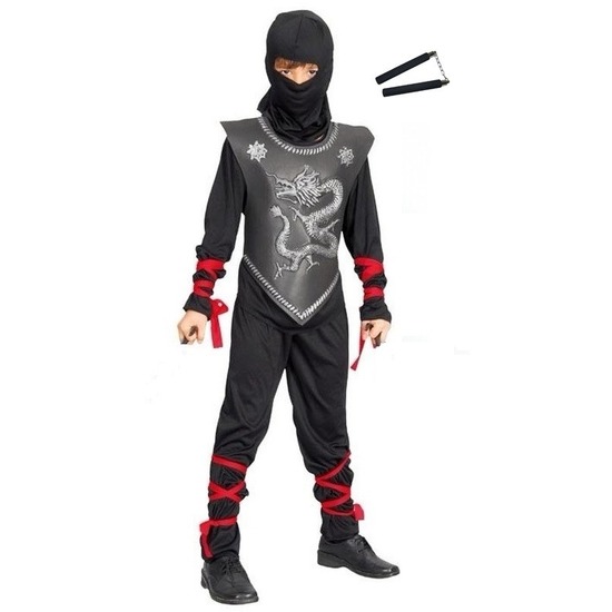 Ninja kostuum maat S met vechtstokken voor kinderen