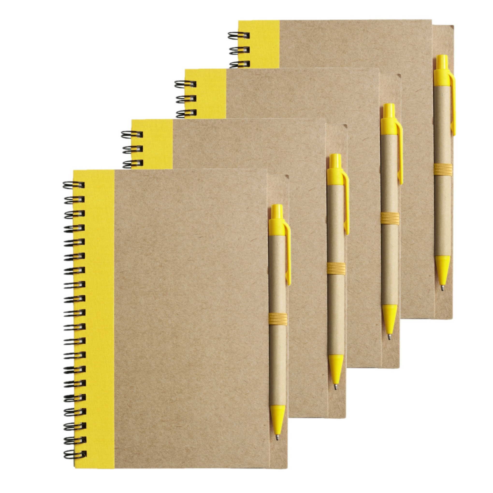 Notitie boekje-blok met balpen 4x harde kaft beige-geel 18 x 13 cm 60 bladzijden gelinieer