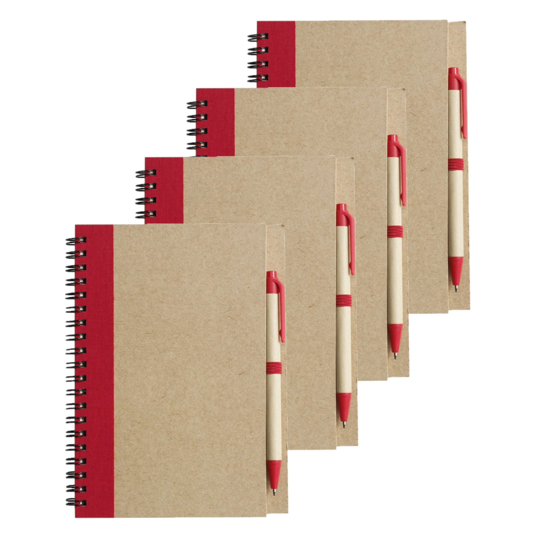 Notitie boekje-blok met balpen 4x harde kaft beige-rood 18 x 13 cm 60 bladzijden gelinieer
