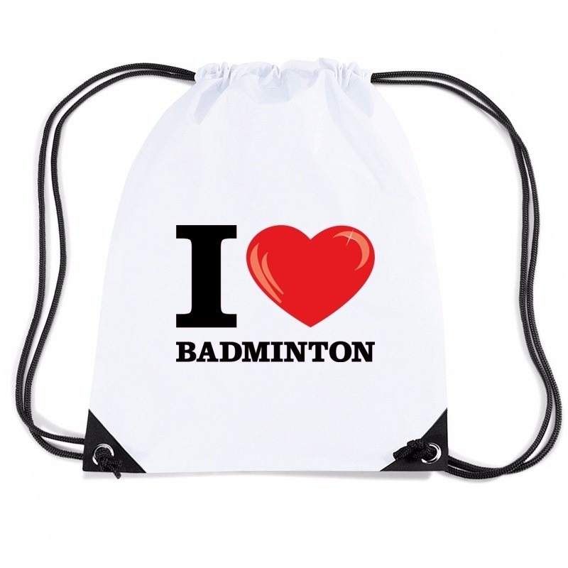 Nylon I love badminton rugzak wit met rijgkoord