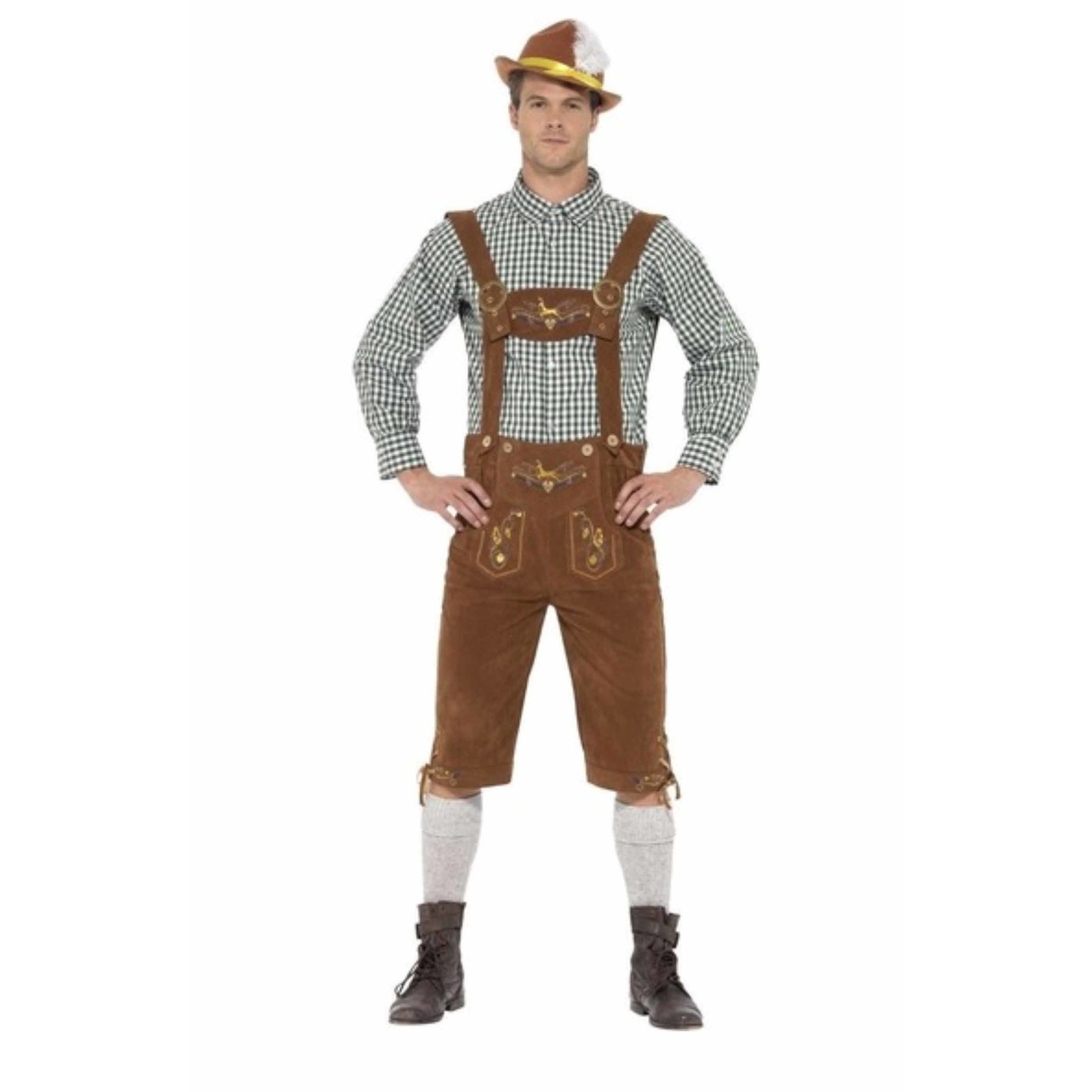 Oktoberfest - Bruine/groene Tiroler lederhosen kostuum met blouse voor heren