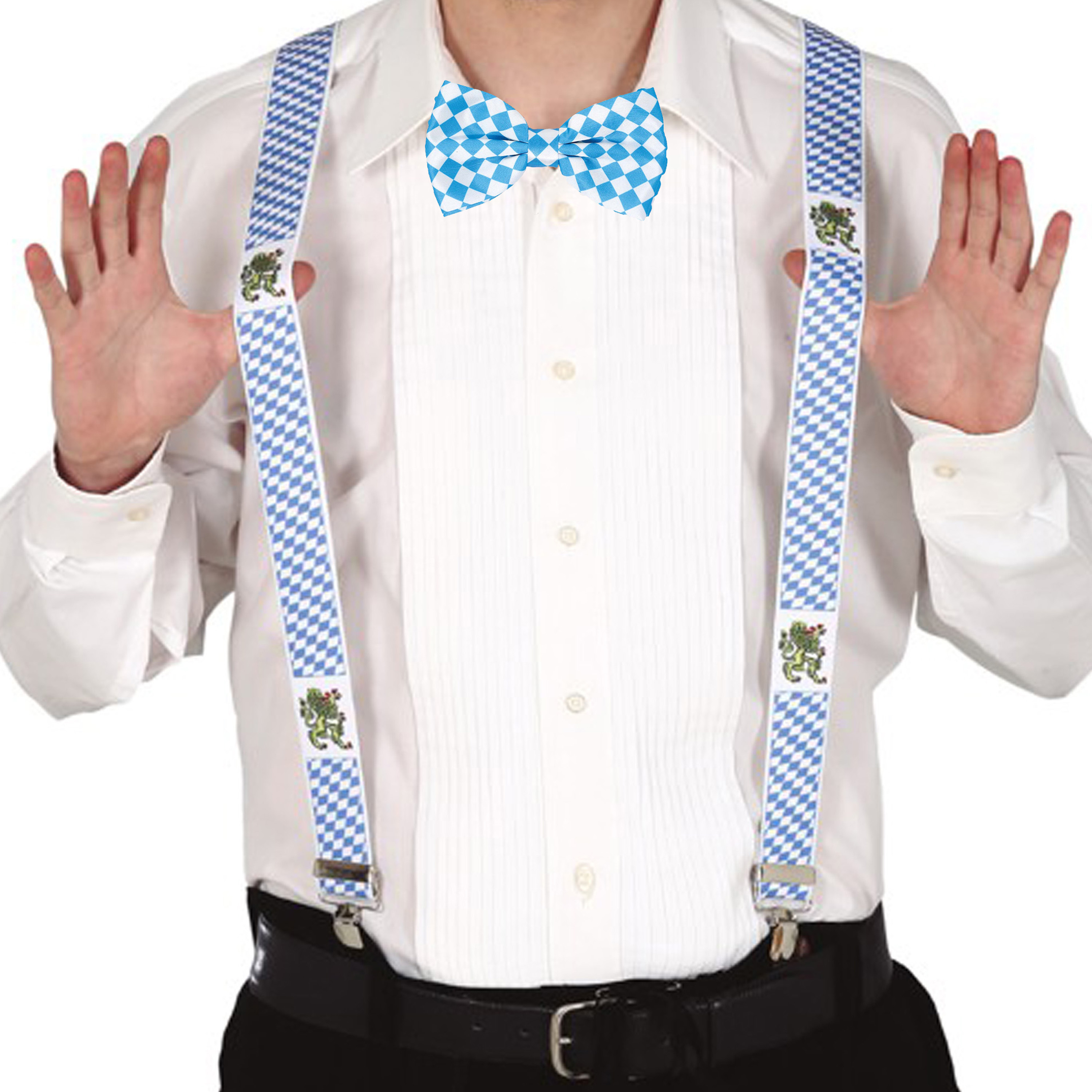 Oktoberfest verkleed bretels en strikje - blauw/wit - volwassenen - verkleed accessoires - carnaval -
