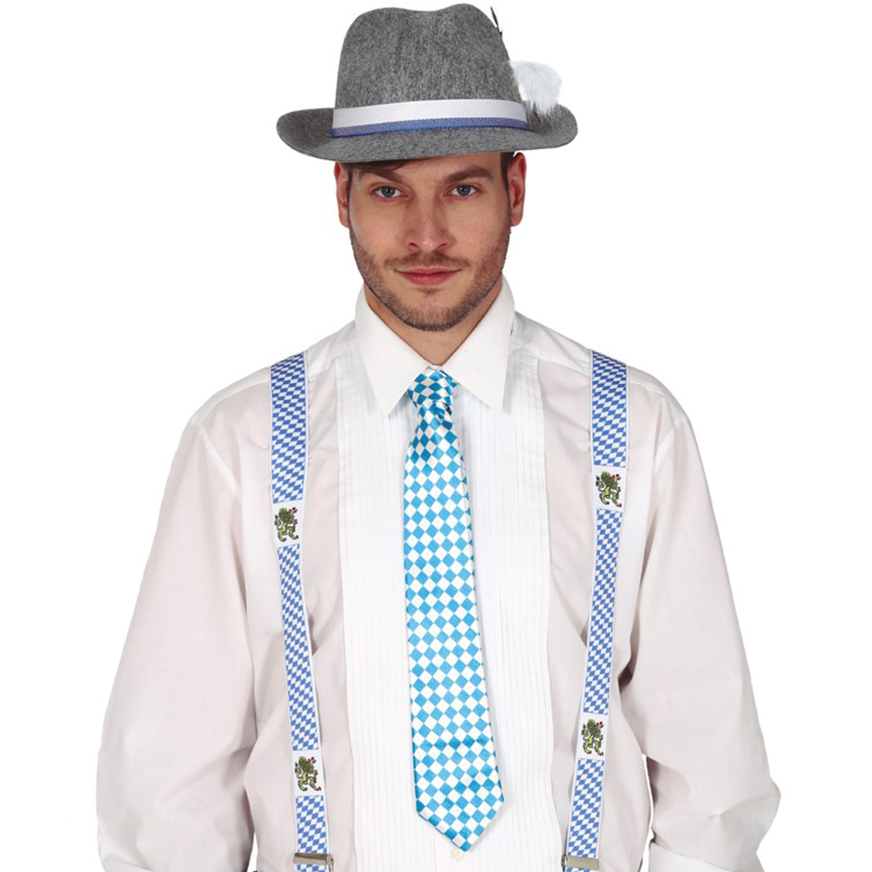Oktoberfest verkleed set - bretels/stropdas/hoed - blauw/wit - volwassenen - carnaval -