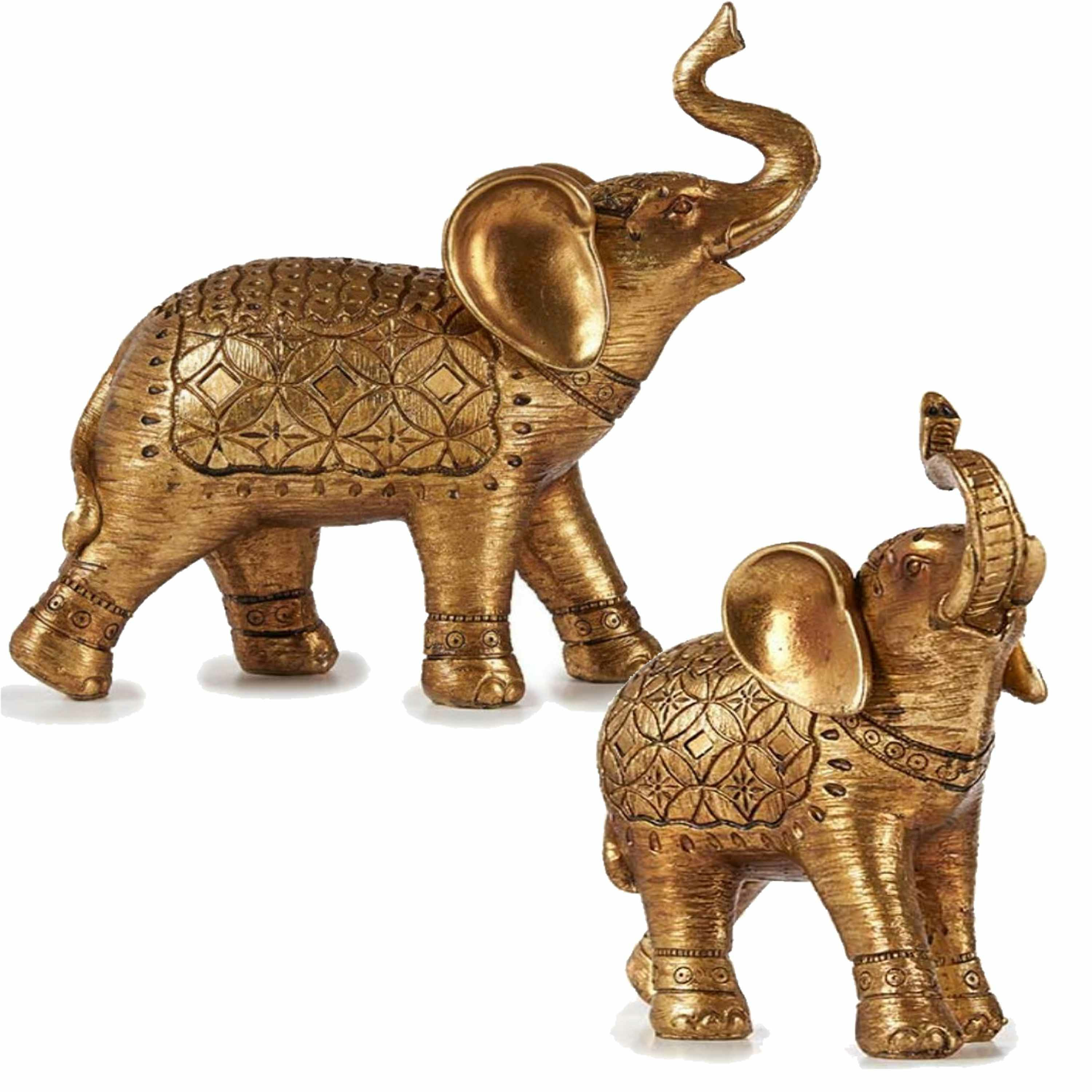 Olifanten dierenbeeldjes/woondecoratie set 2x stuks goud 21 en 27 cm -