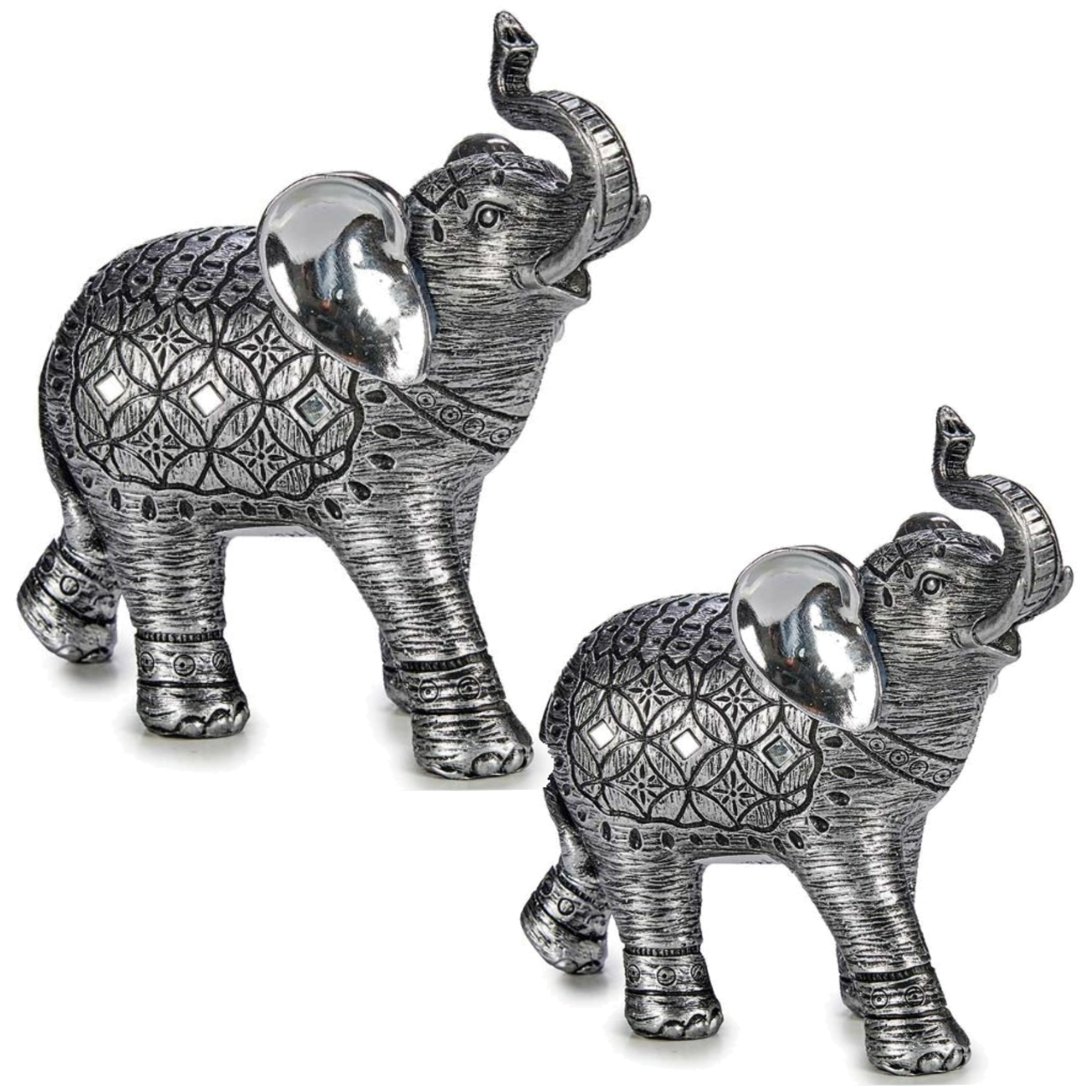 Olifanten dierenbeeldjes-woondecoratie set 2x stuks zilver 21 en 27 cm