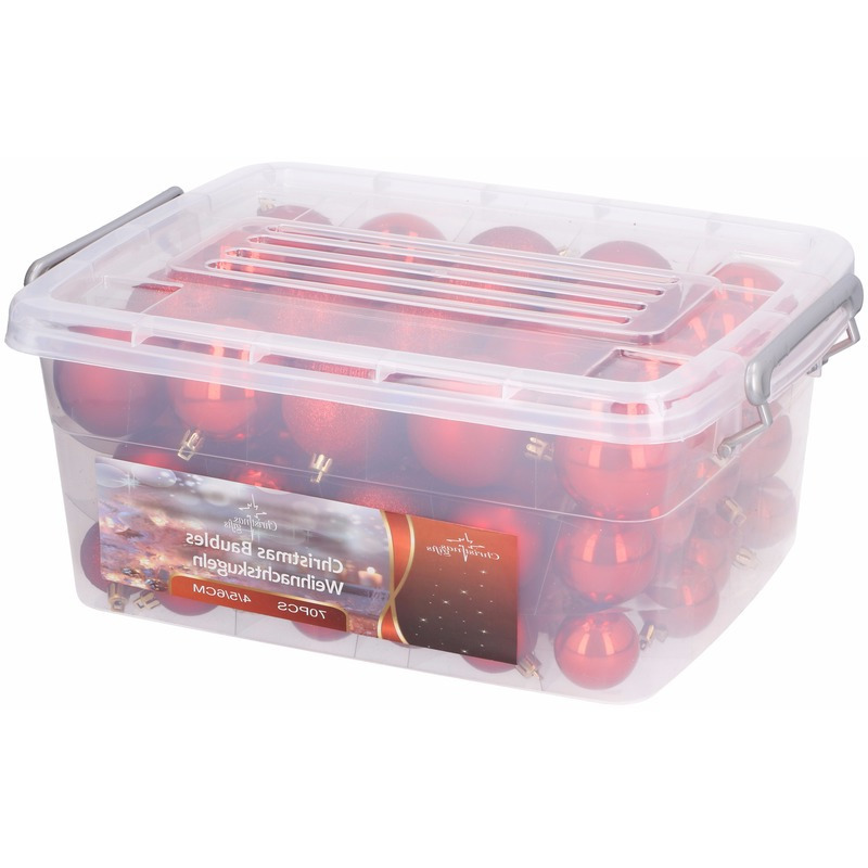 Opbergbox-bewaarbox met 70 rode kunststof kerstballen pakket