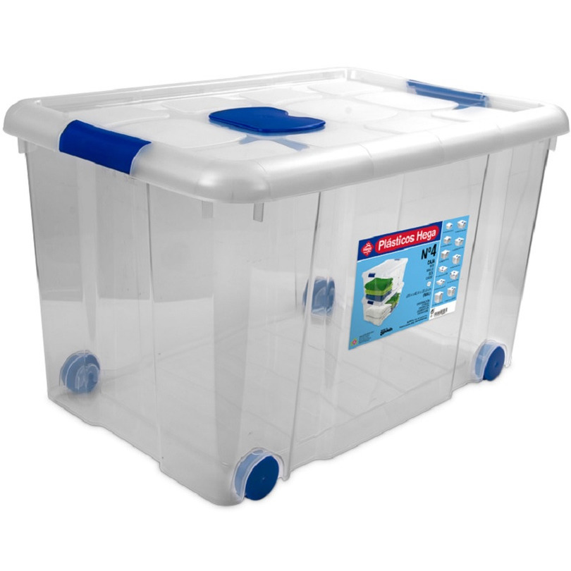 Opbergbox-opbergdoos met deksel en wieltjes 55 liter kunststof transparant-blauw