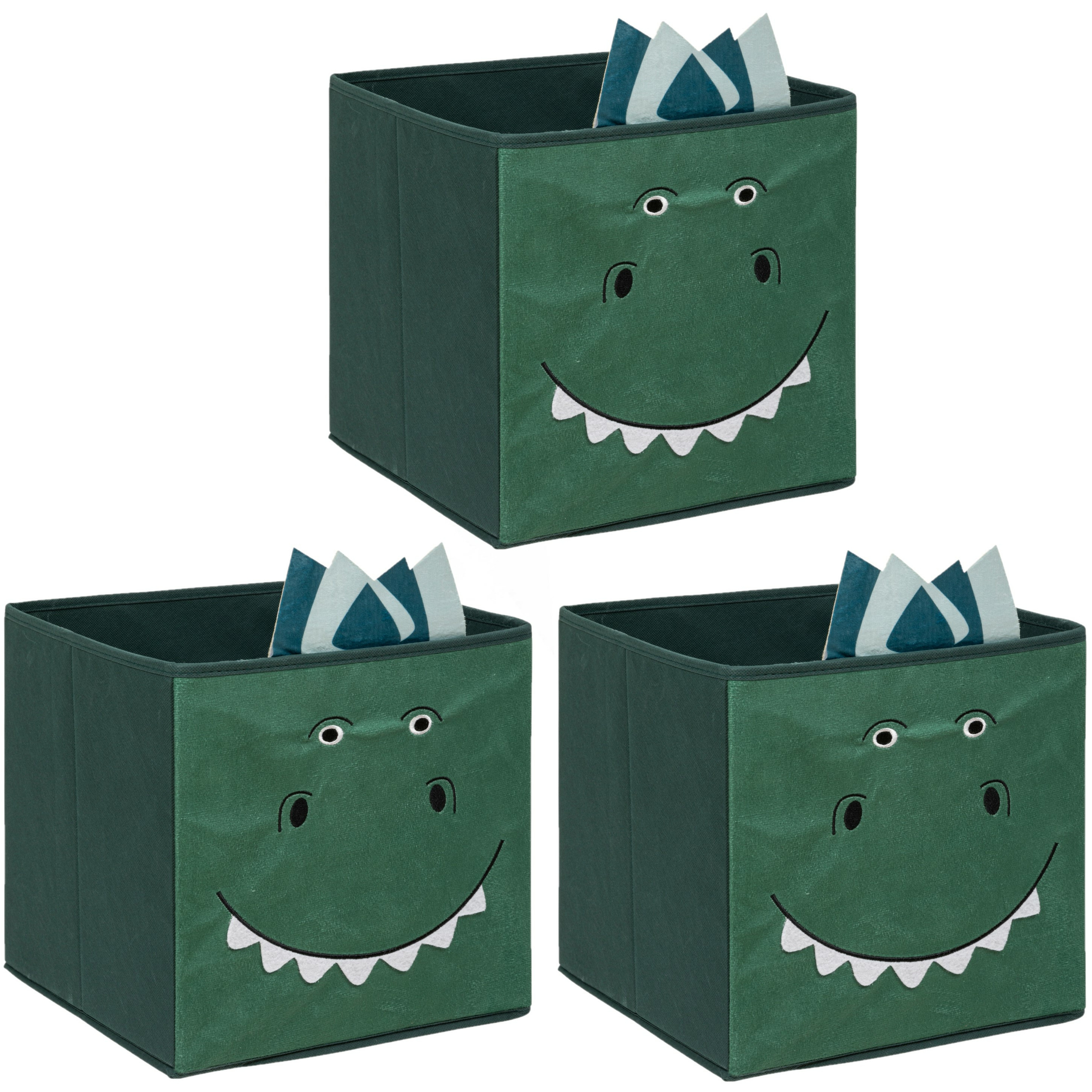 Opbergmand-kastmand dino 3x voor kinderen karton-kunststof groen 30 x 30 x 30 cm