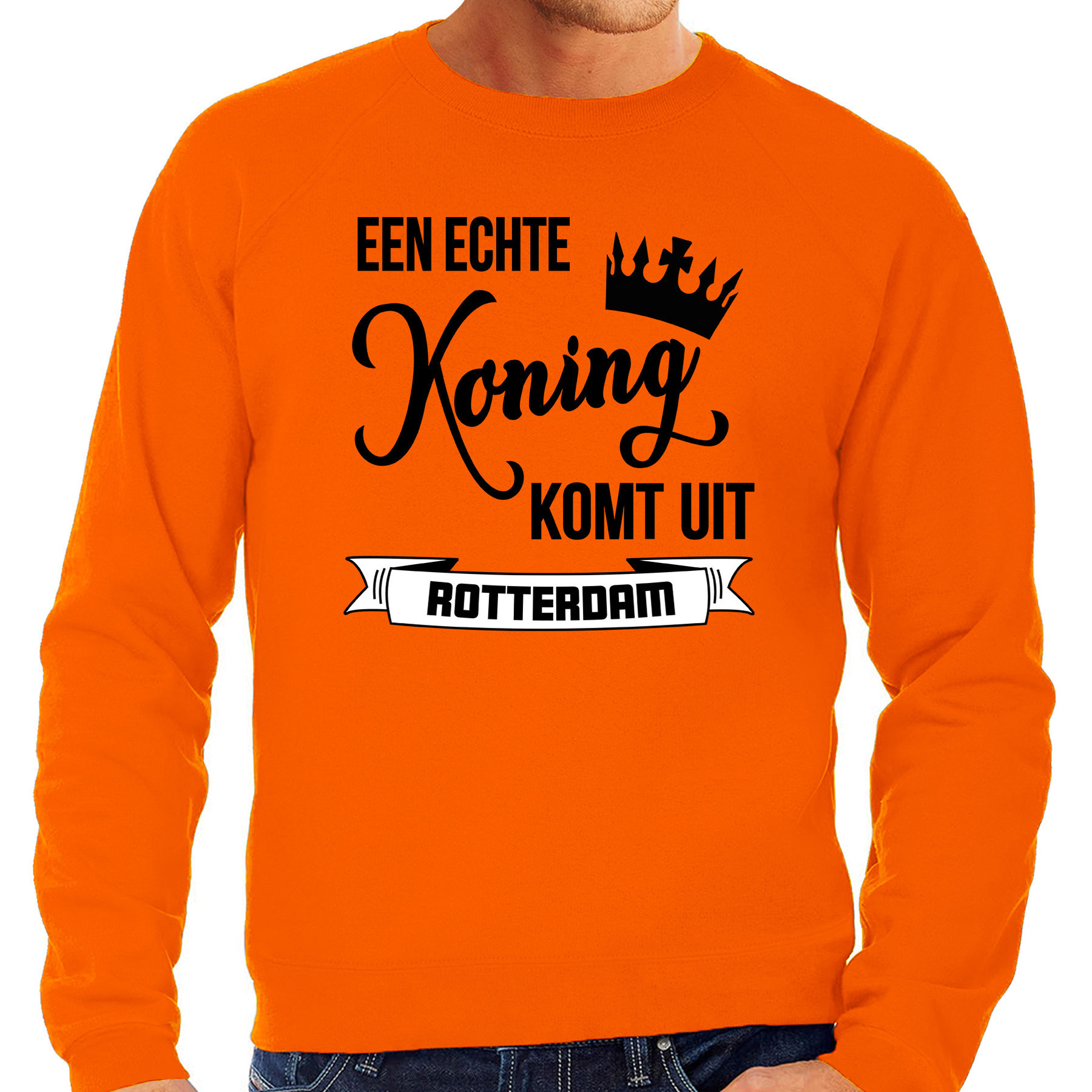 Oranje Koningsdag sweater echte Koning komt uit Rotterdam heren trui