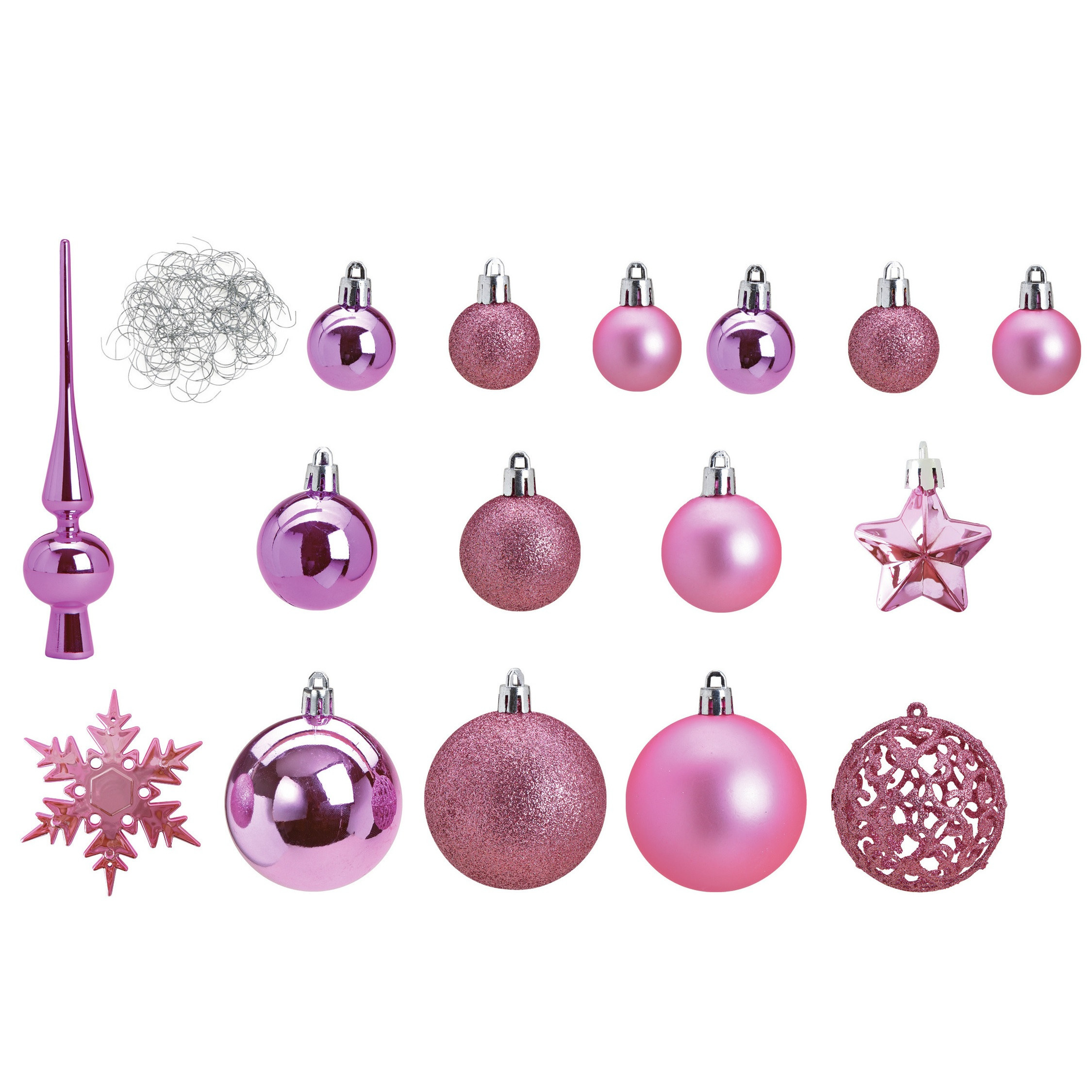 Pakket met 110x stuks kunststof kerstballen-ornamenten met piek roze