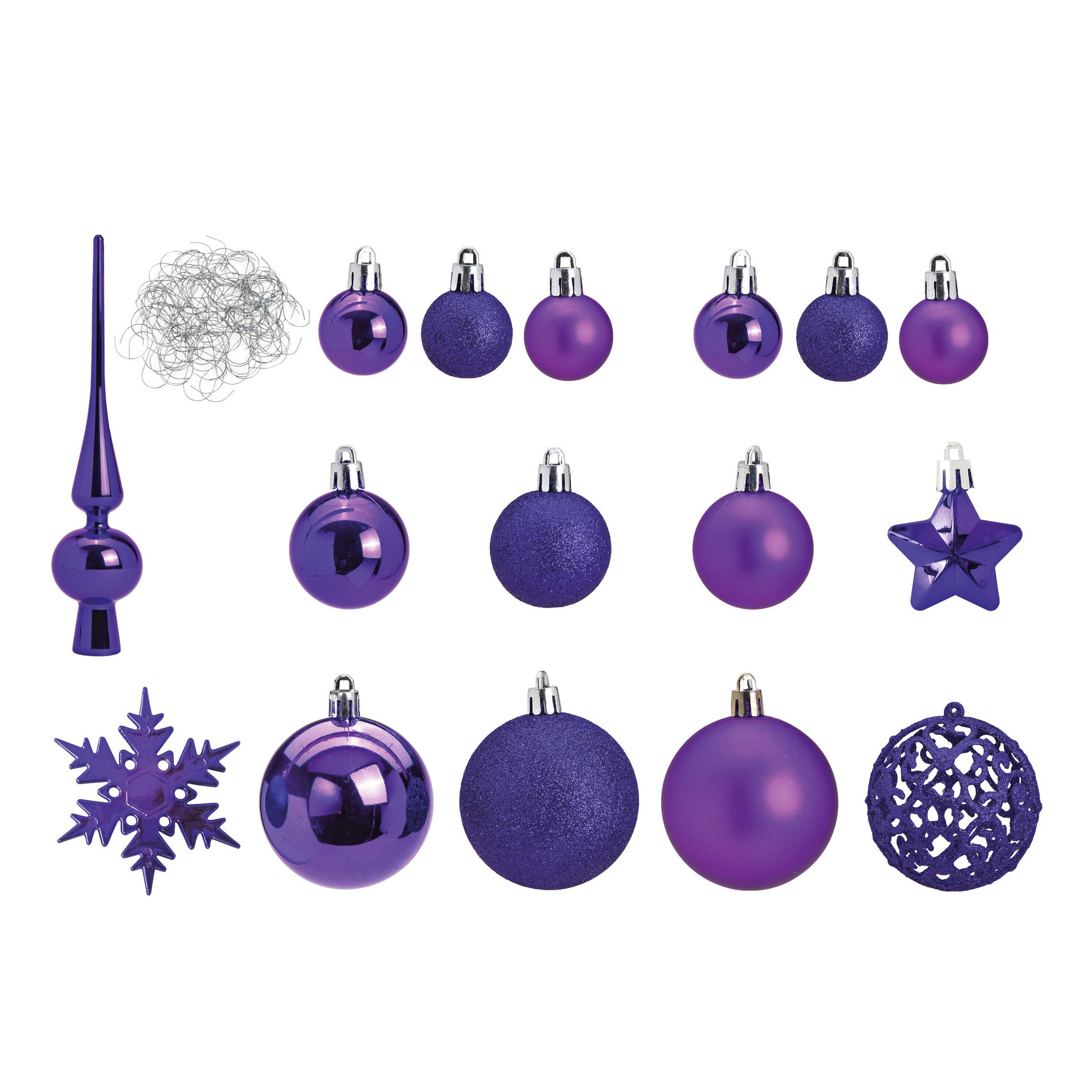Pakket met 111x stuks kunststof kerstballen-ornamenten met piek paars