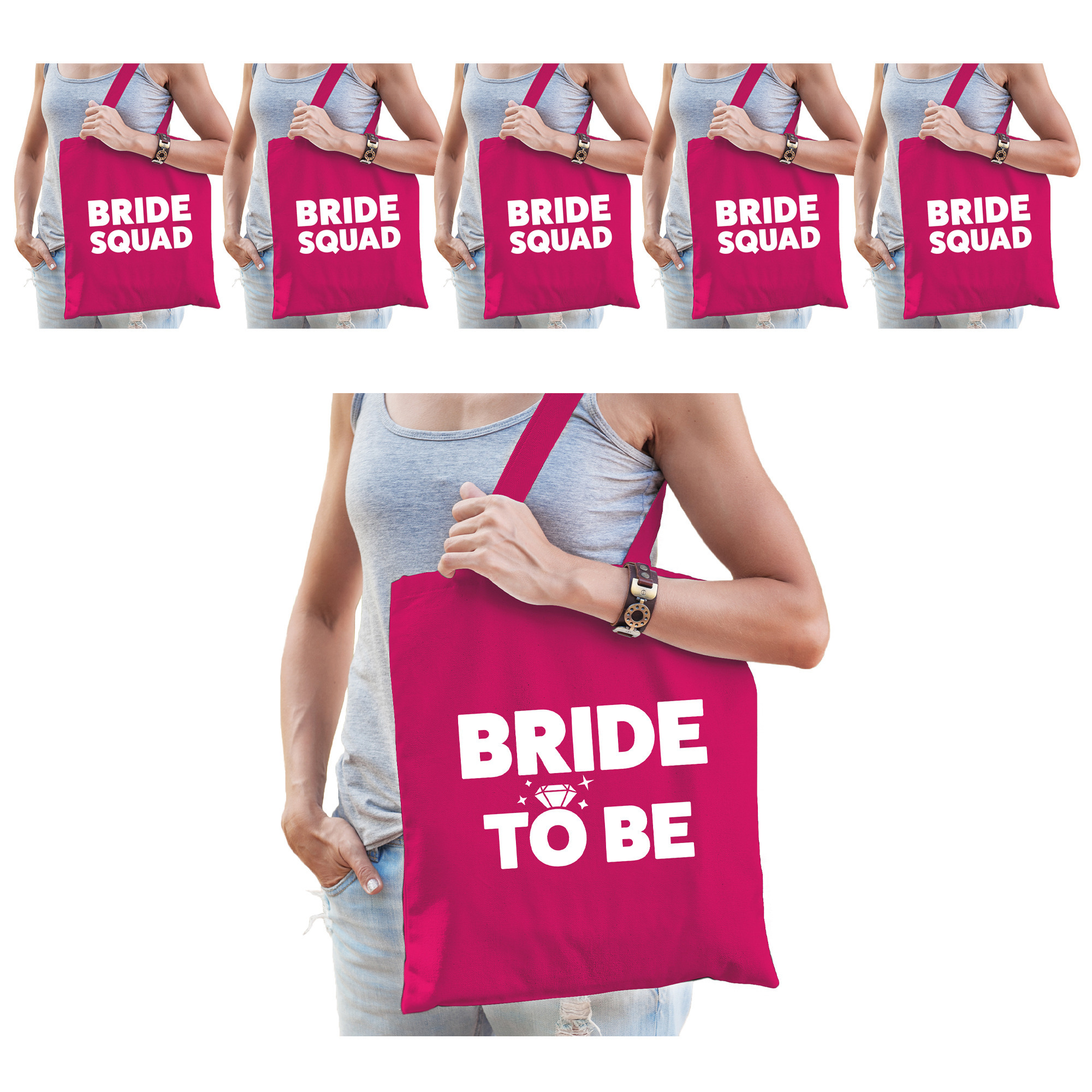 Pakket Vrijgezellenfeest dames tasjes/ goodiebag: 1x Bride to Be roze+ 9x Bride Squad roze