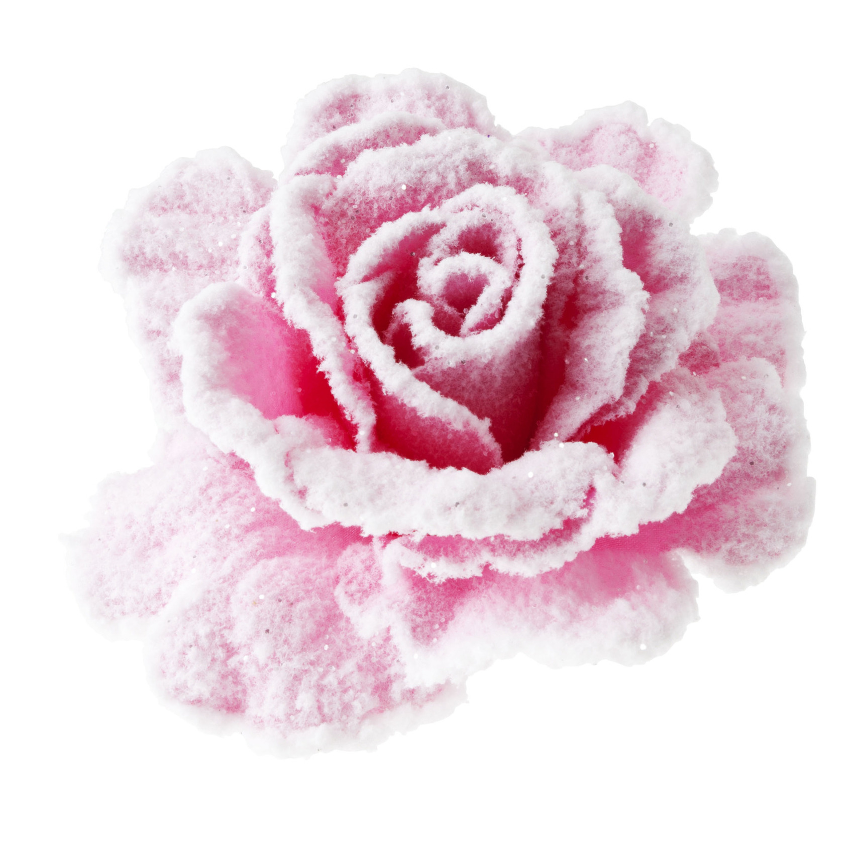 Pastel roze rozen met sneeuw op clip 10 cm kerstversiering