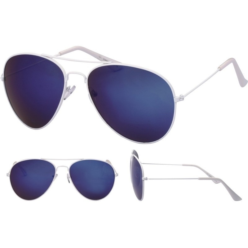 Pilotenbril wit met blauwe glazen voor volwassenen -