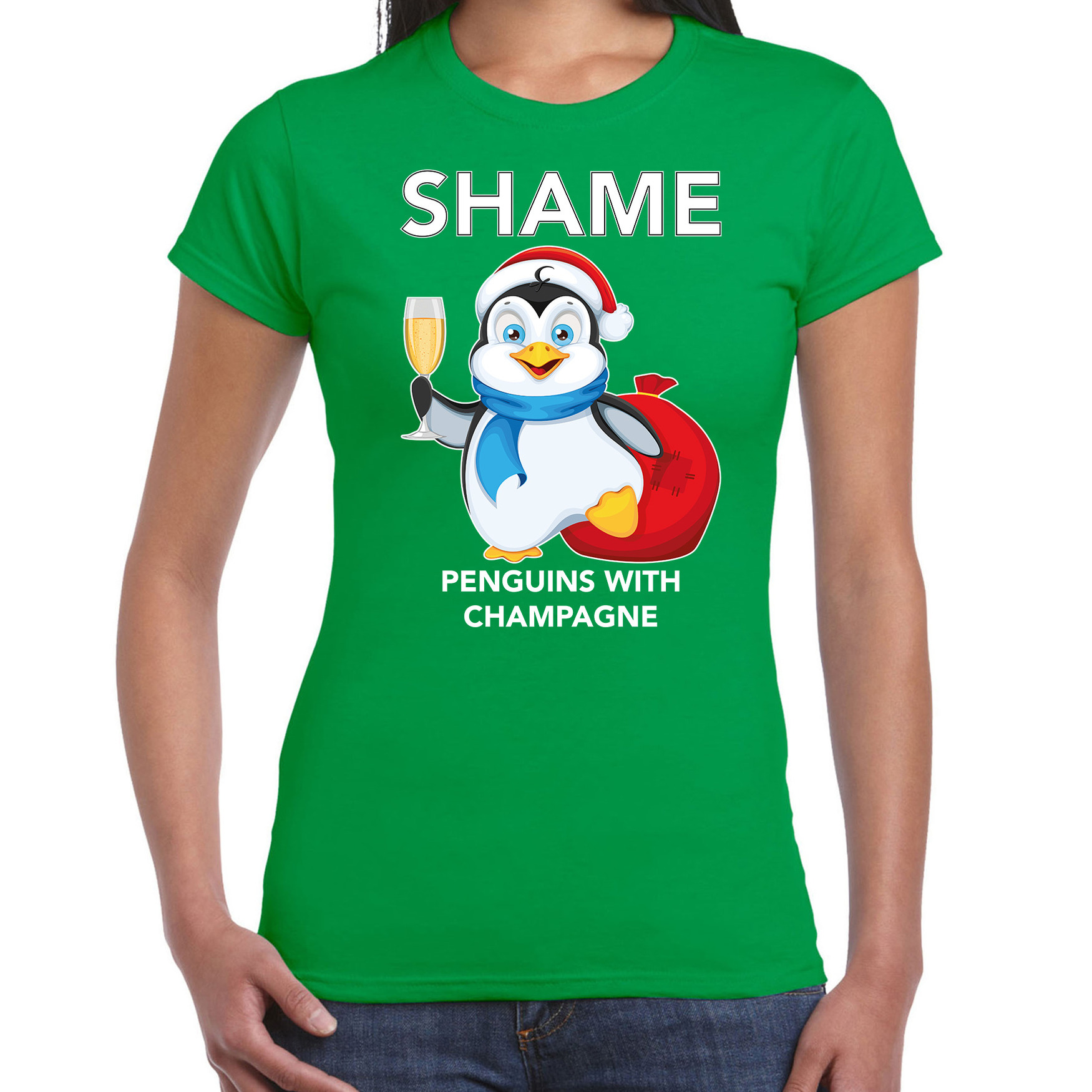 Pinguin Kerst t-shirt-outfit Shame penguins with champagne groen voor dames