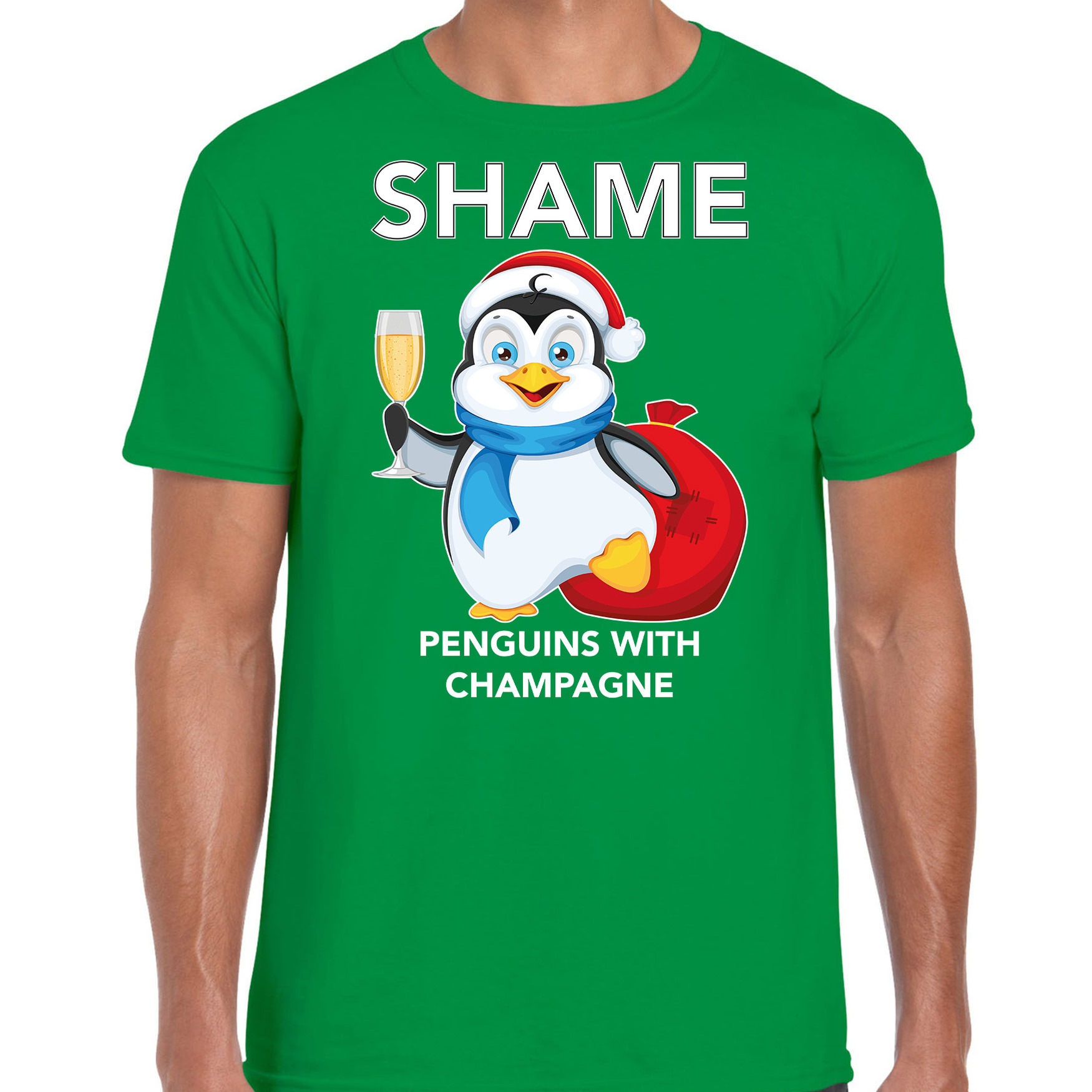 Pinguin Kerst t-shirt-outfit Shame penguins with champagne groen voor heren