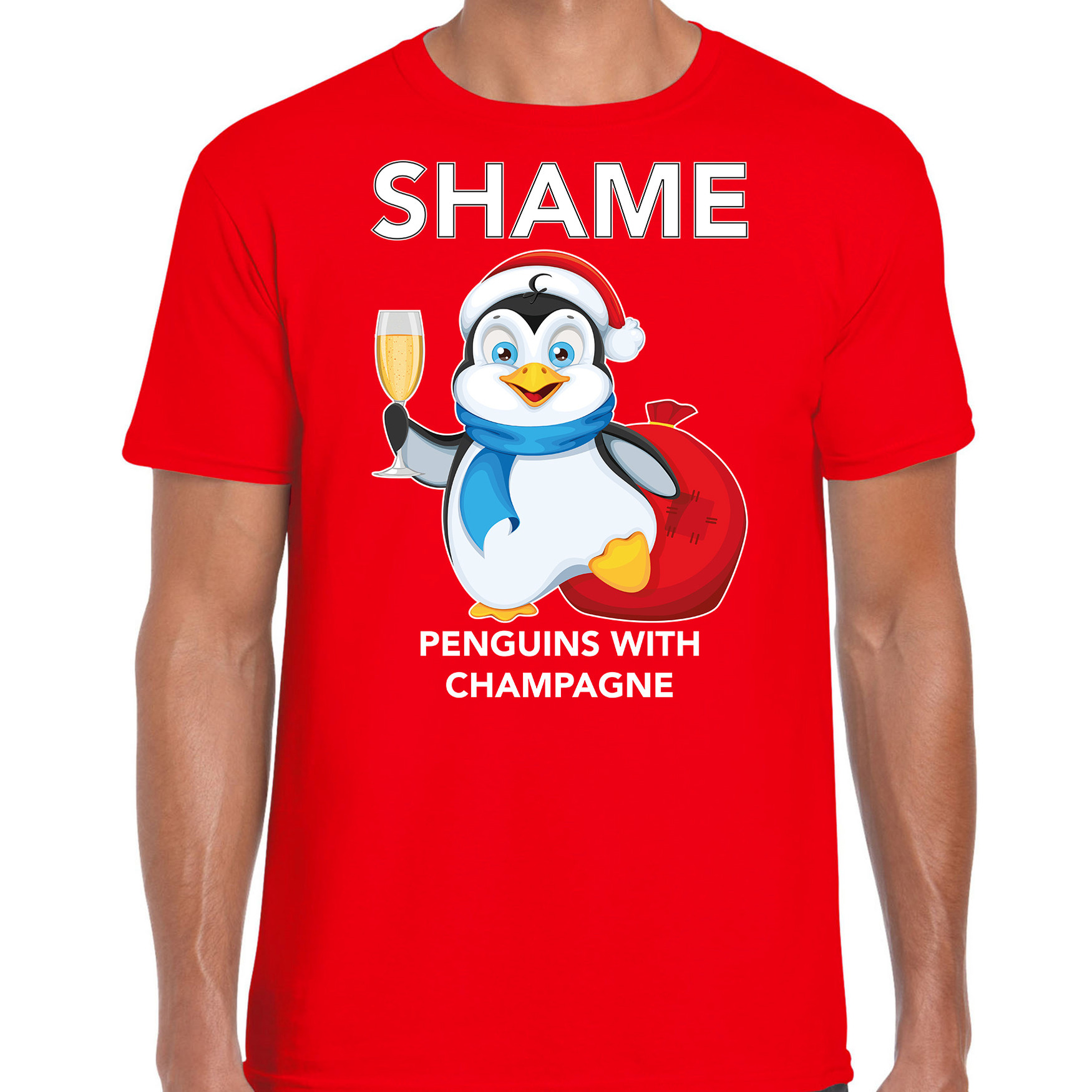 Pinguin Kerst t-shirt-outfit Shame penguins with champagne rood voor heren